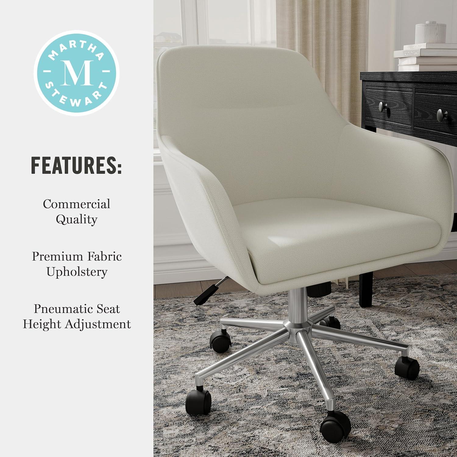 imageMartha Stewart Rayna Swivel Task Chair with Flared Arms for Home Office in Off White Fabric with Polished Brass FrameLight Gray FabricPolished Nickel Frame