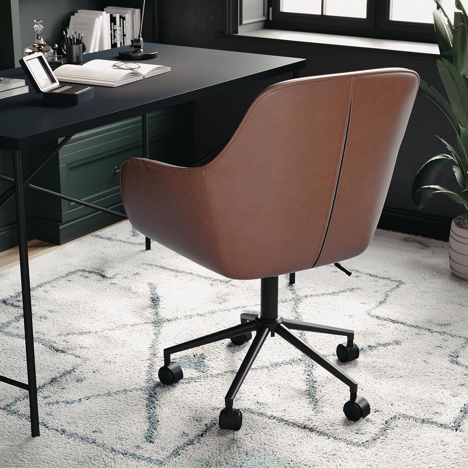 imageMartha Stewart Rayna Swivel Task Chair with Flared Arms for Home Office in Off White Fabric with Polished Brass FrameSaddle Brown Faux LeatherOil Rubbed Bronze