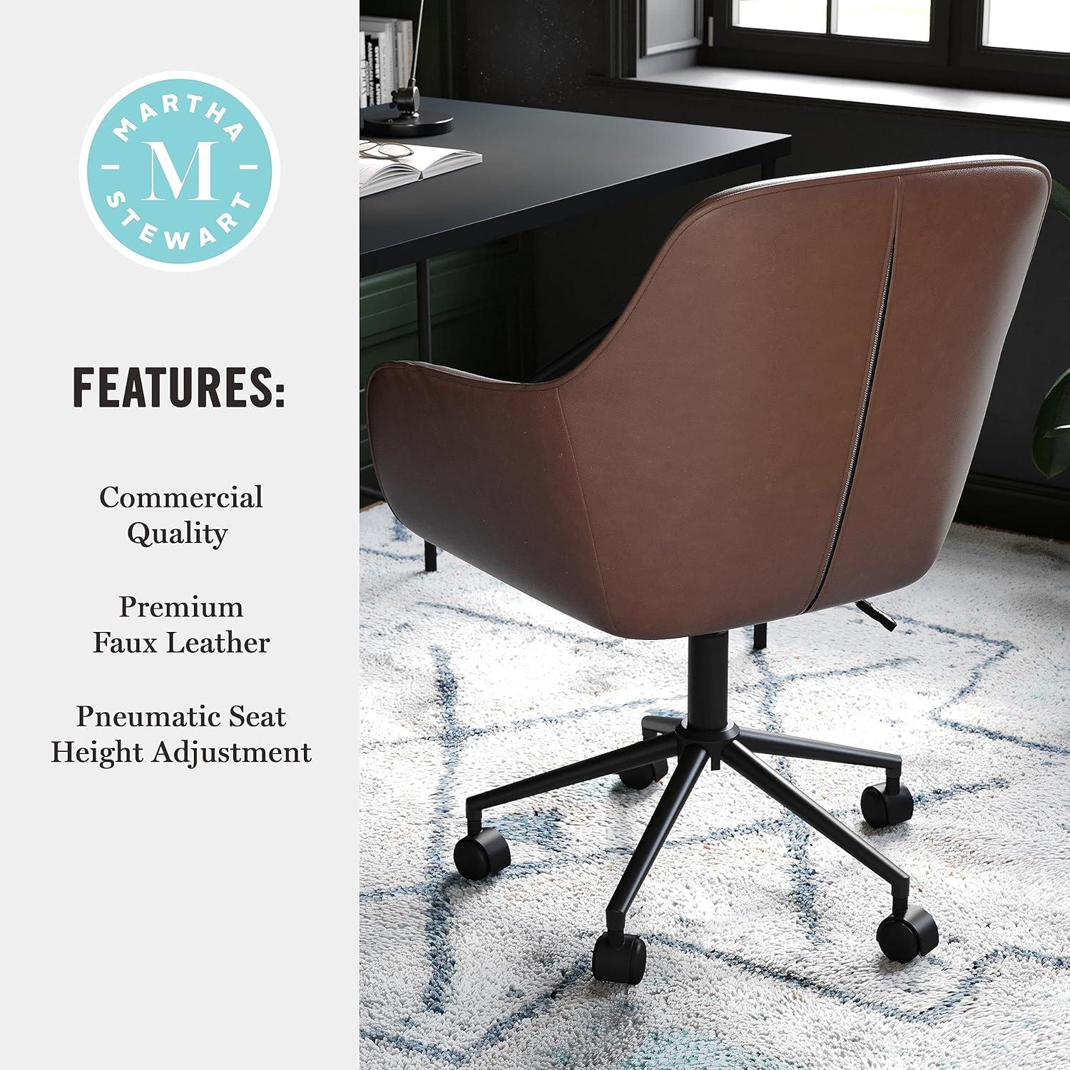 imageMartha Stewart Rayna Swivel Task Chair with Flared Arms for Home Office in Off White Fabric with Polished Brass FrameSaddle Brown Faux LeatherOil Rubbed Bronze