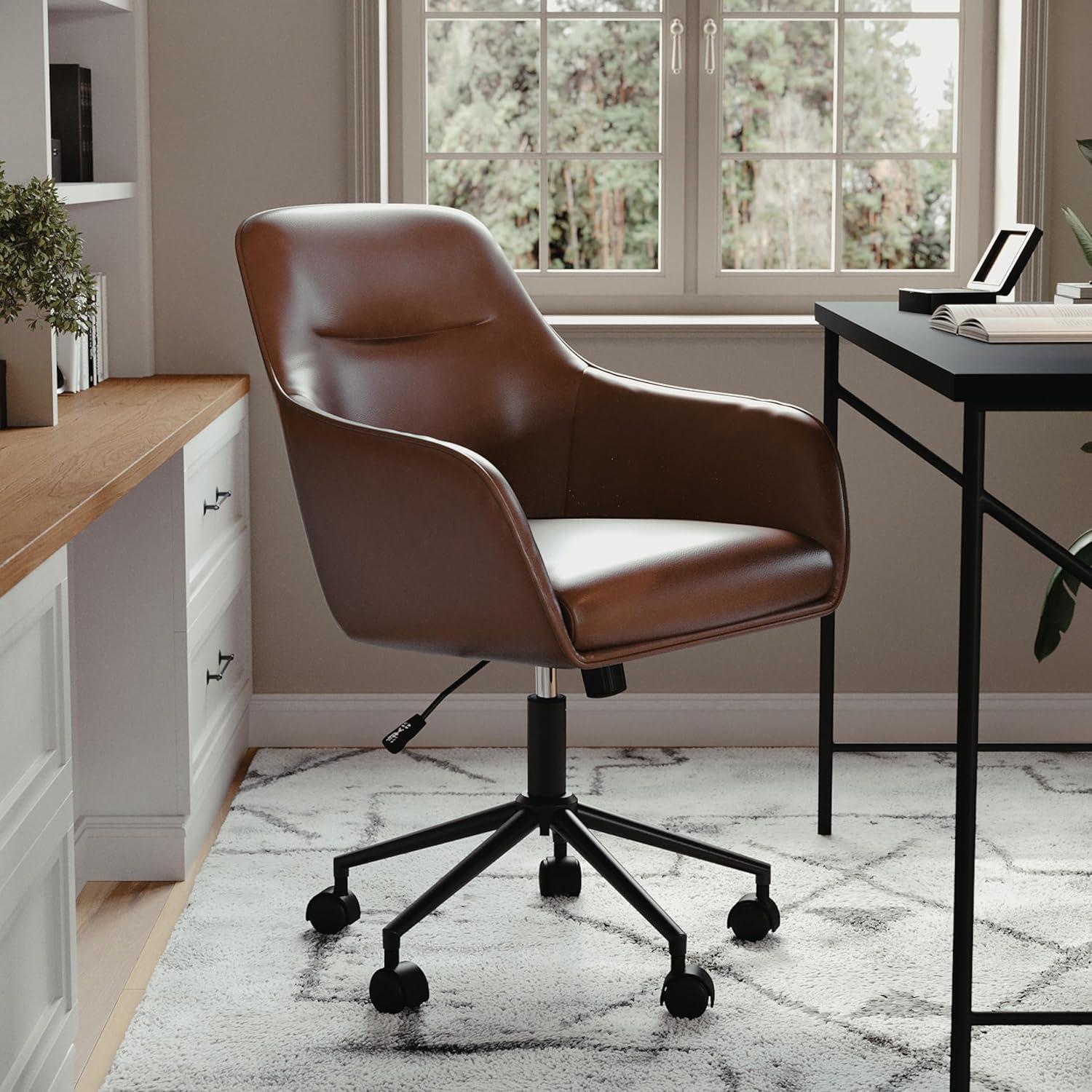 imageMartha Stewart Rayna Swivel Task Chair with Flared Arms for Home Office in Off White Fabric with Polished Brass FrameSaddle Brown Faux LeatherOil Rubbed Bronze