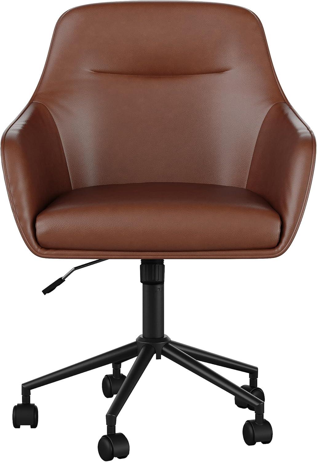imageMartha Stewart Rayna Swivel Task Chair with Flared Arms for Home Office in Off White Fabric with Polished Brass FrameSaddle Brown Faux LeatherOil Rubbed Bronze