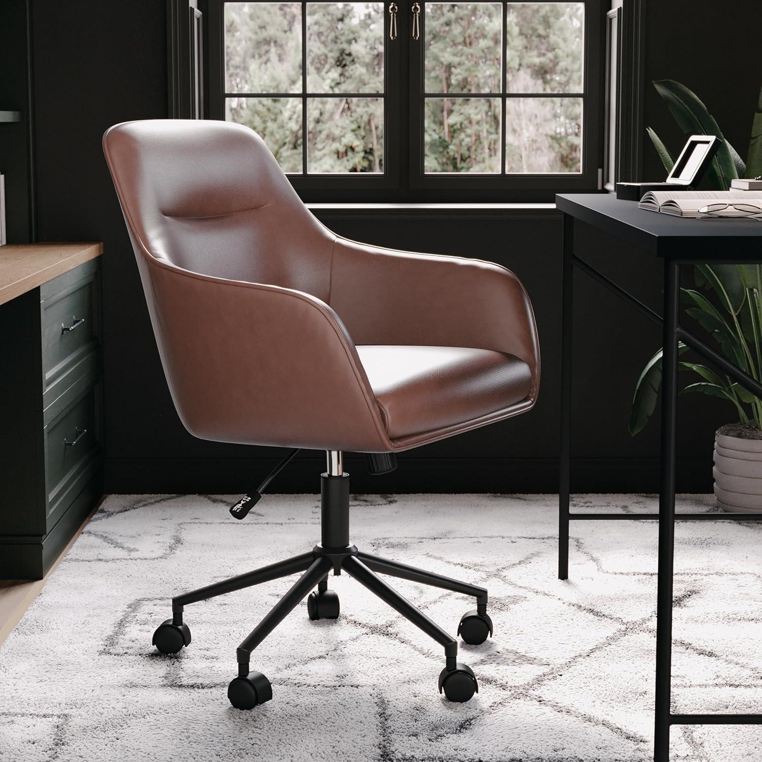 imageMartha Stewart Rayna Swivel Task Chair with Flared Arms for Home Office in Off White Fabric with Polished Brass FrameSaddle Brown Faux LeatherOil Rubbed Bronze