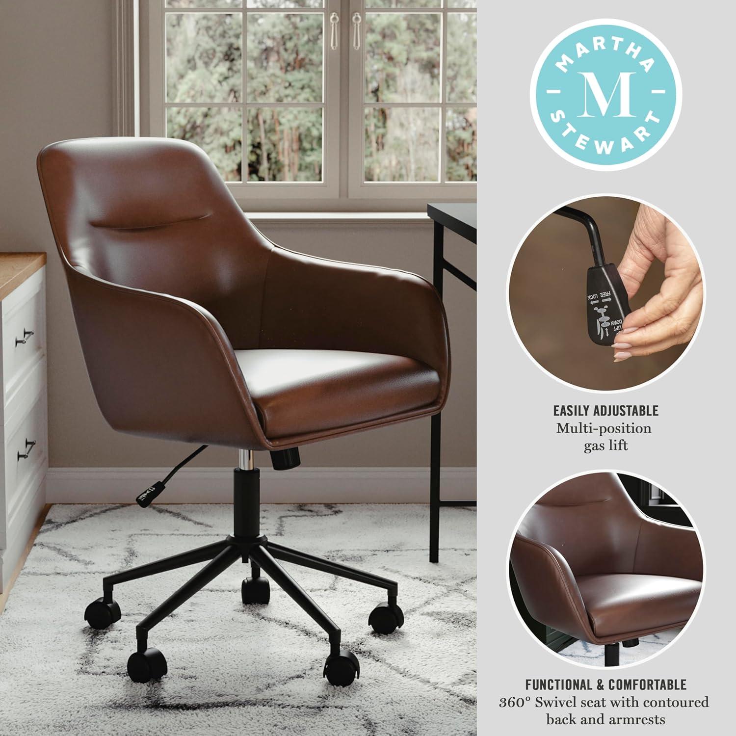 imageMartha Stewart Rayna Swivel Task Chair with Flared Arms for Home Office in Off White Fabric with Polished Brass FrameSaddle Brown Faux LeatherOil Rubbed Bronze