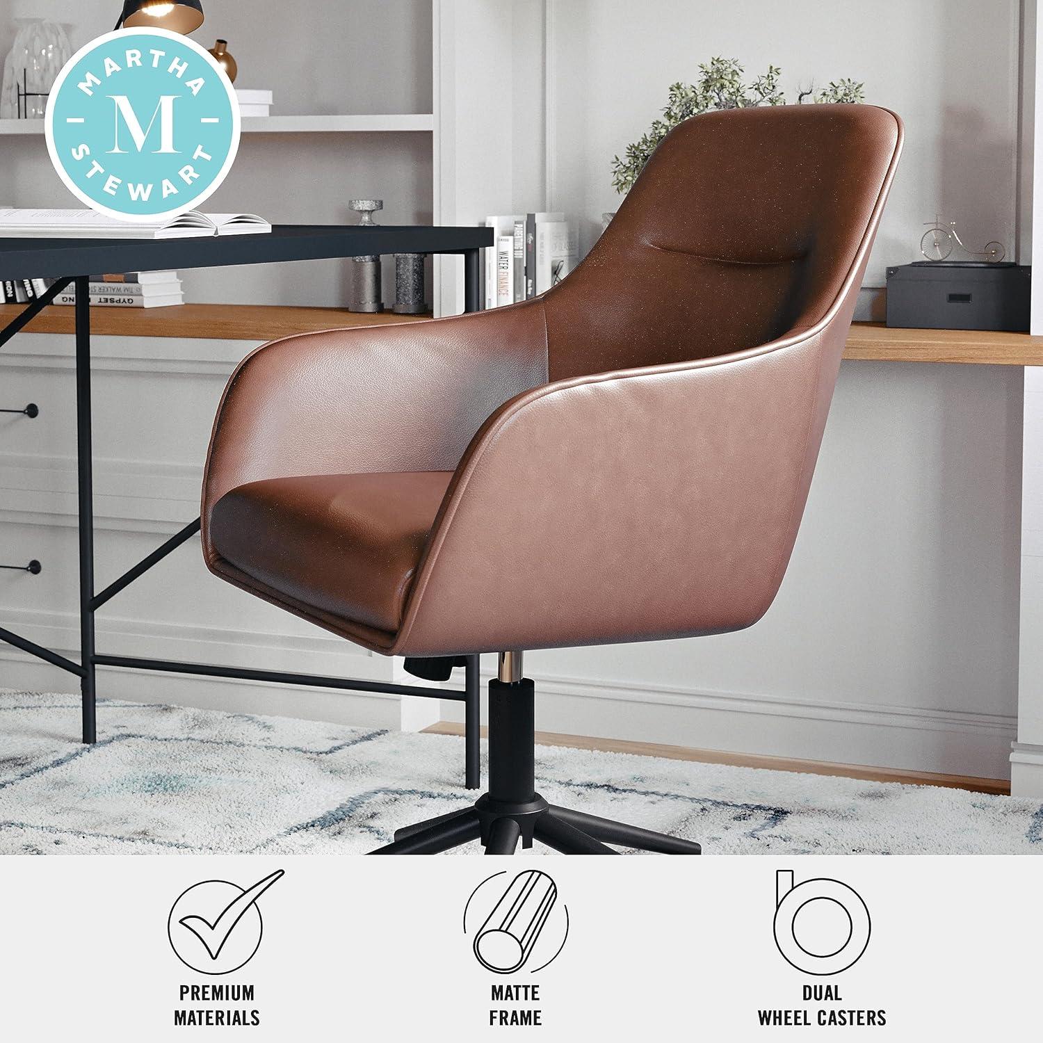 imageMartha Stewart Rayna Swivel Task Chair with Flared Arms for Home Office in Off White Fabric with Polished Brass FrameSaddle Brown Faux LeatherOil Rubbed Bronze