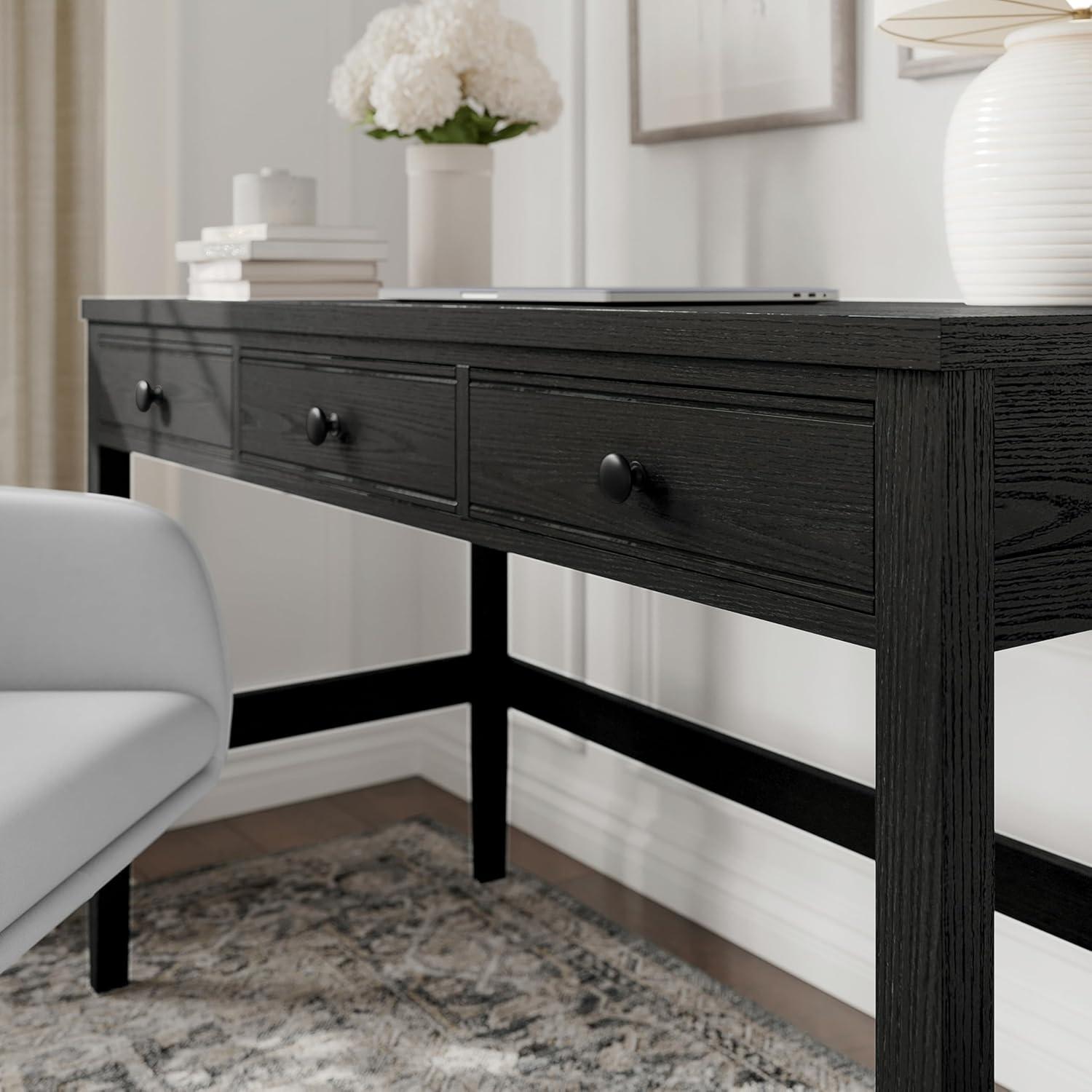 imageMartha Stewart Rhett Home Office Desk with 3 Drawers and Tapered Legs in Black with Oil Rubbed Bronze HardwareBlack FrameOil Rubbed Bronzed Hardware