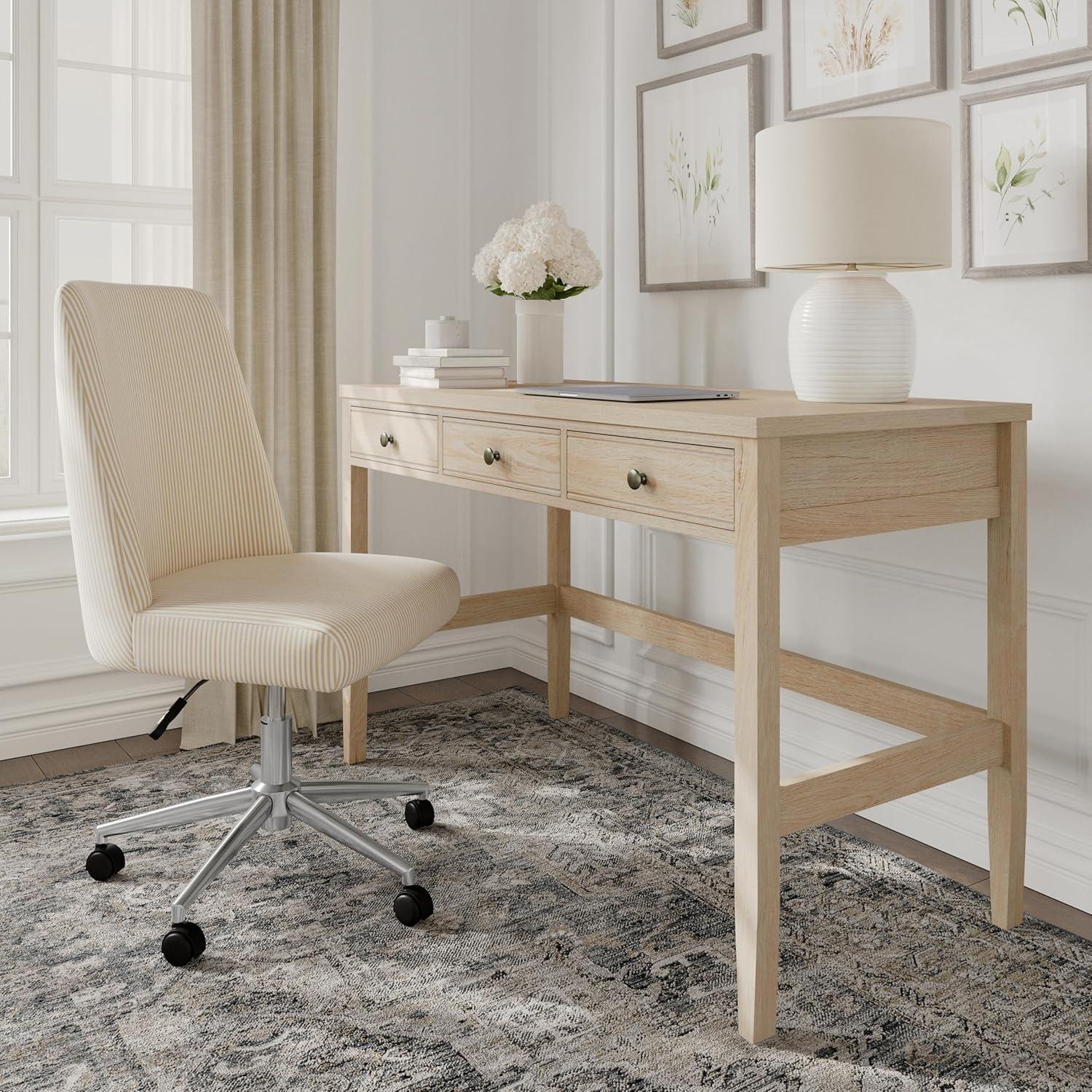 imageMartha Stewart Rhett Home Office Desk with 3 Drawers and Tapered Legs in Black with Oil Rubbed Bronze HardwareLight Natural FrameAntique Bronze Hardware