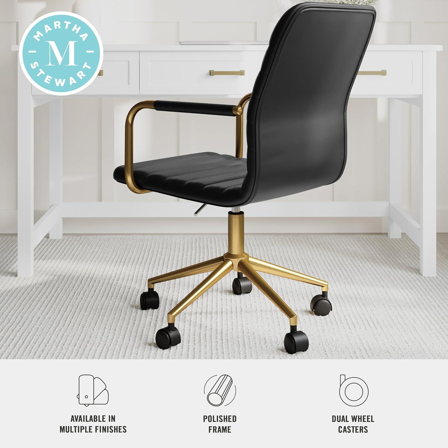 imageMartha Stewart Taytum Swivel Task Chair with Armrests for Home Office in Saddle Brown Faux Leather with Polished Nickel FrameBlack Faux LeatherPolished Brass Frame