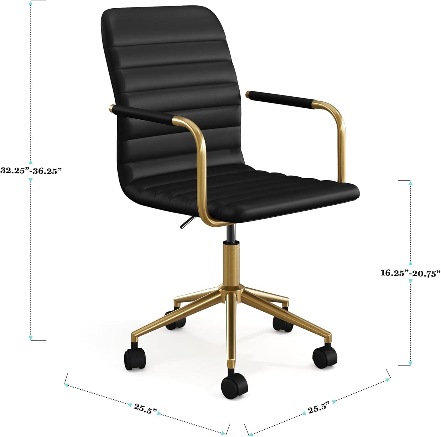 imageMartha Stewart Taytum Swivel Task Chair with Armrests for Home Office in Saddle Brown Faux Leather with Polished Nickel FrameBlack Faux LeatherPolished Brass Frame