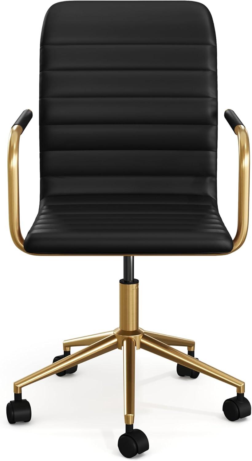 imageMartha Stewart Taytum Swivel Task Chair with Armrests for Home Office in Saddle Brown Faux Leather with Polished Nickel FrameBlack Faux LeatherPolished Brass Frame