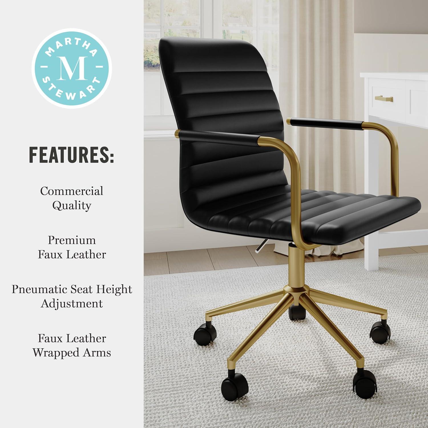 imageMartha Stewart Taytum Swivel Task Chair with Armrests for Home Office in Saddle Brown Faux Leather with Polished Nickel FrameBlack Faux LeatherPolished Brass Frame