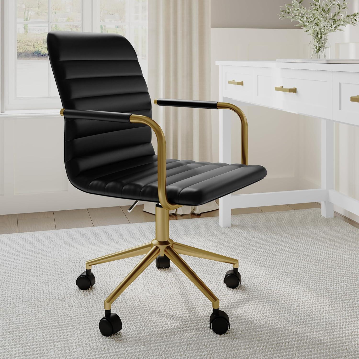 imageMartha Stewart Taytum Swivel Task Chair with Armrests for Home Office in Saddle Brown Faux Leather with Polished Nickel FrameBlack Faux LeatherPolished Brass Frame