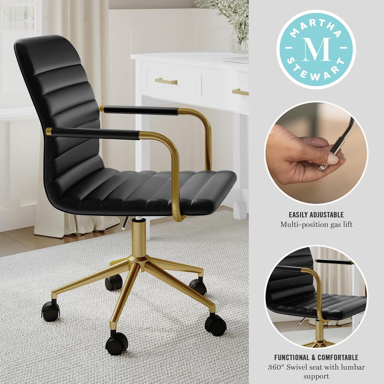 imageMartha Stewart Taytum Swivel Task Chair with Armrests for Home Office in Saddle Brown Faux Leather with Polished Nickel FrameBlack Faux LeatherPolished Brass Frame