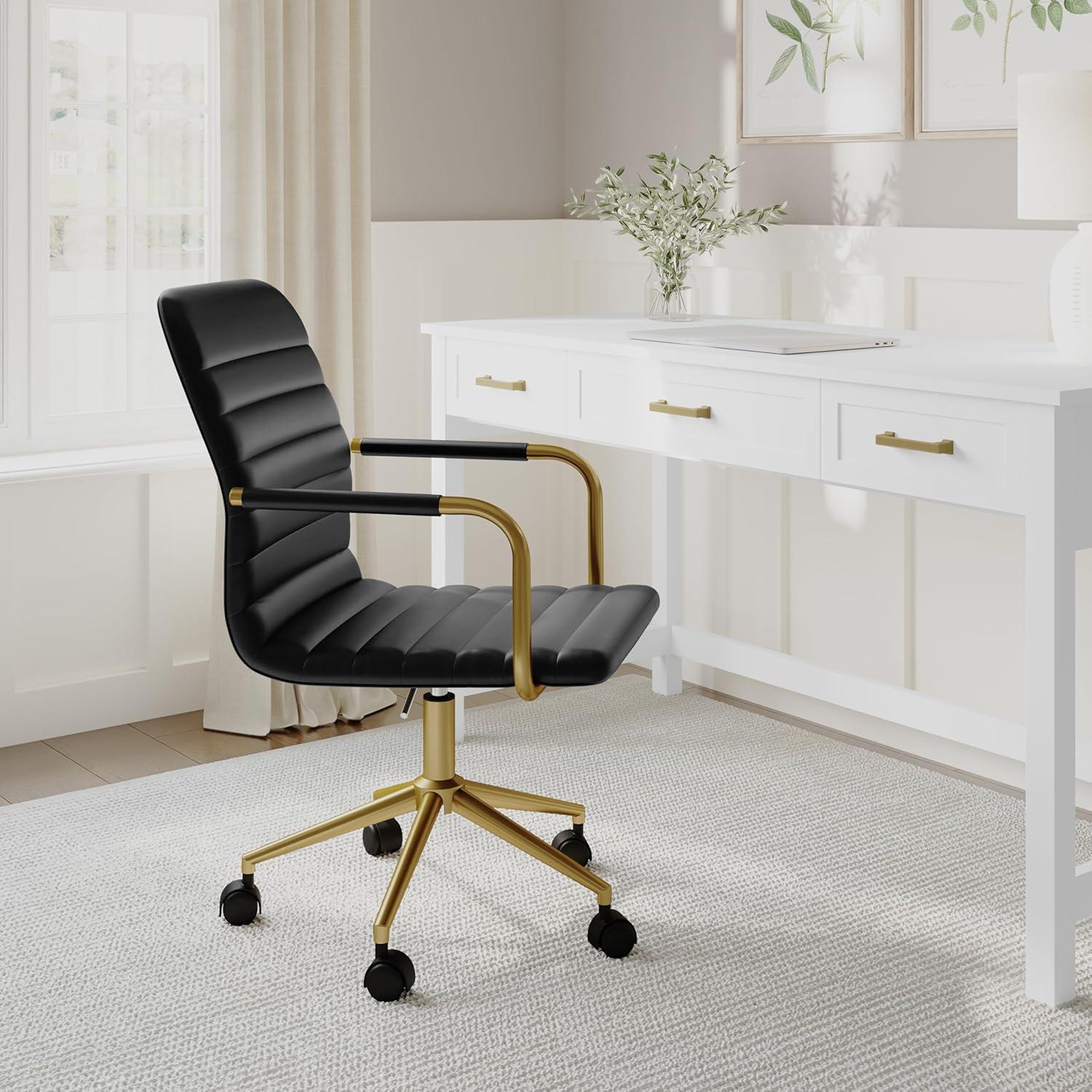 imageMartha Stewart Taytum Swivel Task Chair with Armrests for Home Office in Saddle Brown Faux Leather with Polished Nickel FrameBlack Faux LeatherPolished Brass Frame