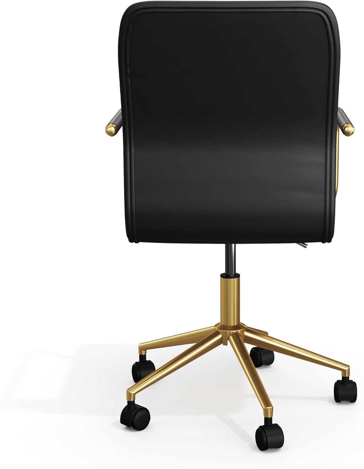 imageMartha Stewart Taytum Swivel Task Chair with Armrests for Home Office in Saddle Brown Faux Leather with Polished Nickel FrameBlack Faux LeatherPolished Brass Frame
