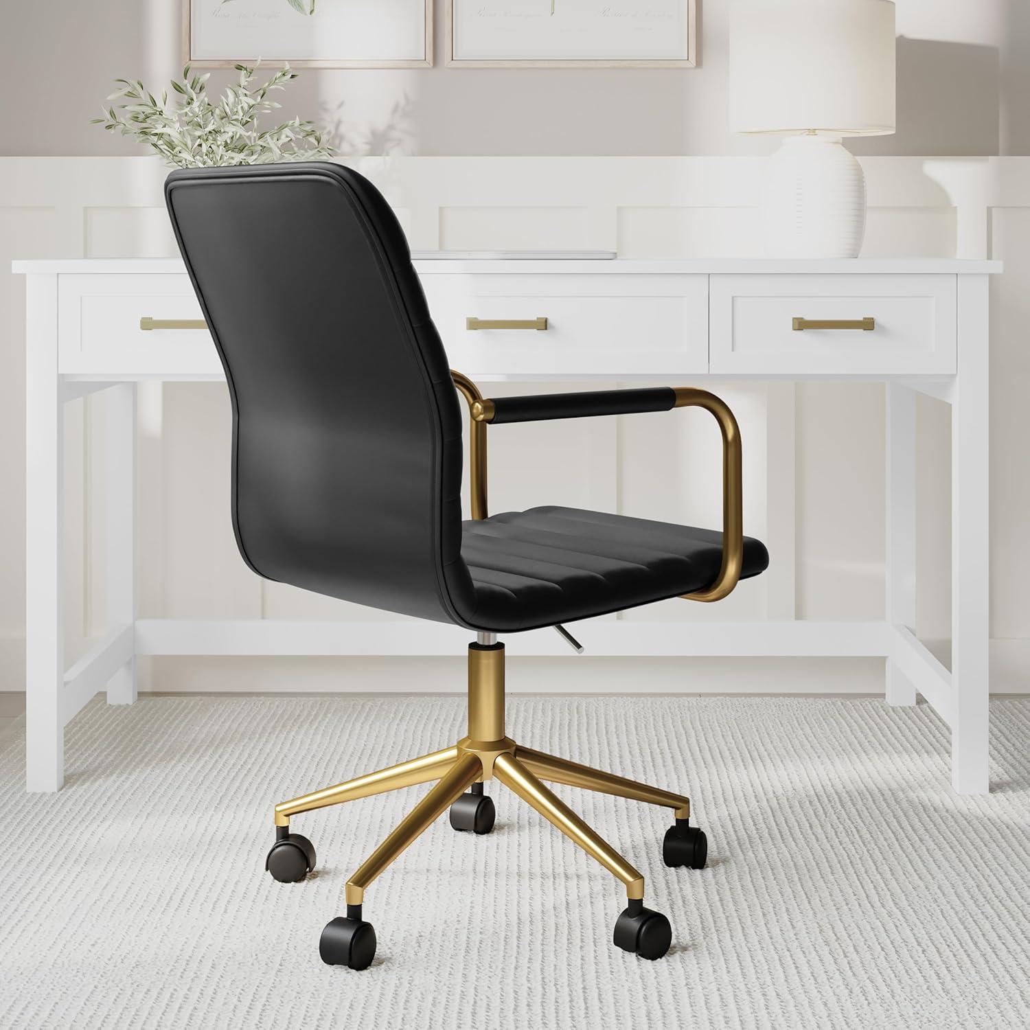 imageMartha Stewart Taytum Swivel Task Chair with Armrests for Home Office in Saddle Brown Faux Leather with Polished Nickel FrameBlack Faux LeatherPolished Brass Frame