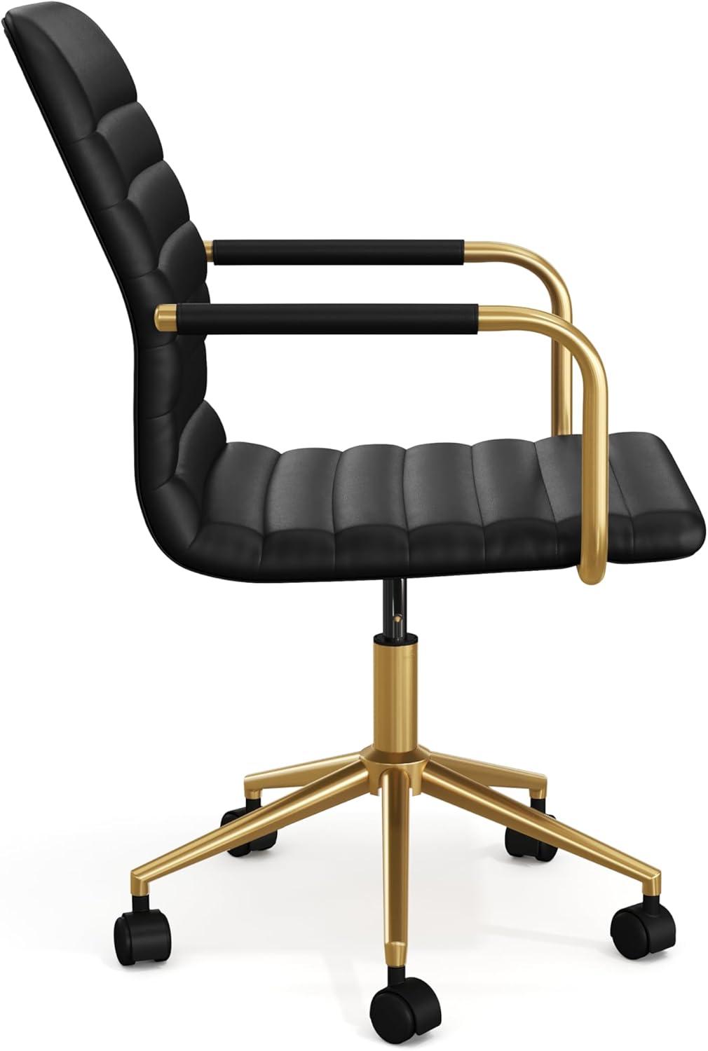 imageMartha Stewart Taytum Swivel Task Chair with Armrests for Home Office in Saddle Brown Faux Leather with Polished Nickel FrameBlack Faux LeatherPolished Brass Frame