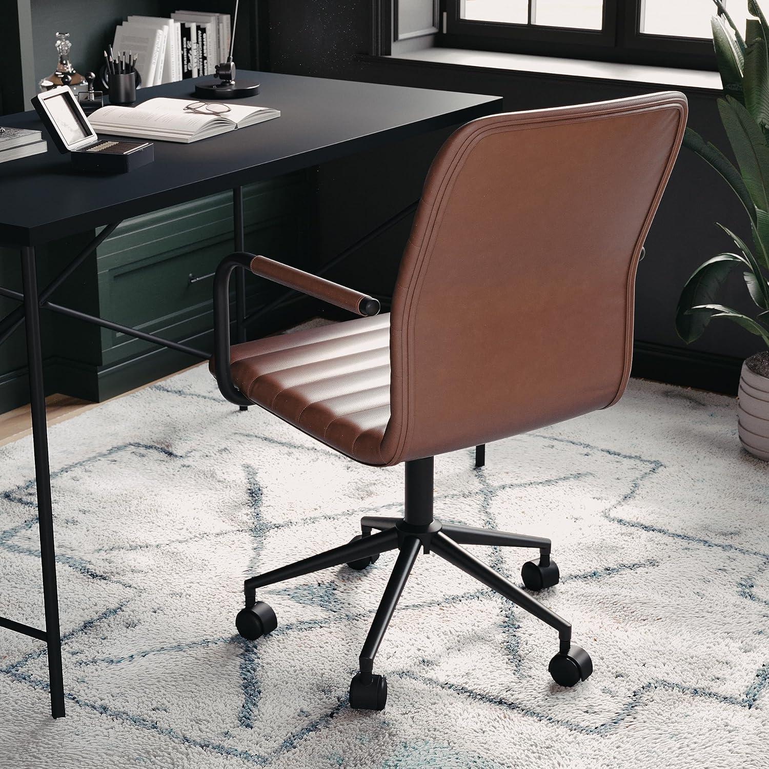 imageMartha Stewart Taytum Swivel Task Chair with Armrests for Home Office in Saddle Brown Faux Leather with Polished Nickel FrameSaddle Brown Faux LeatherOil Rubbed Bronze