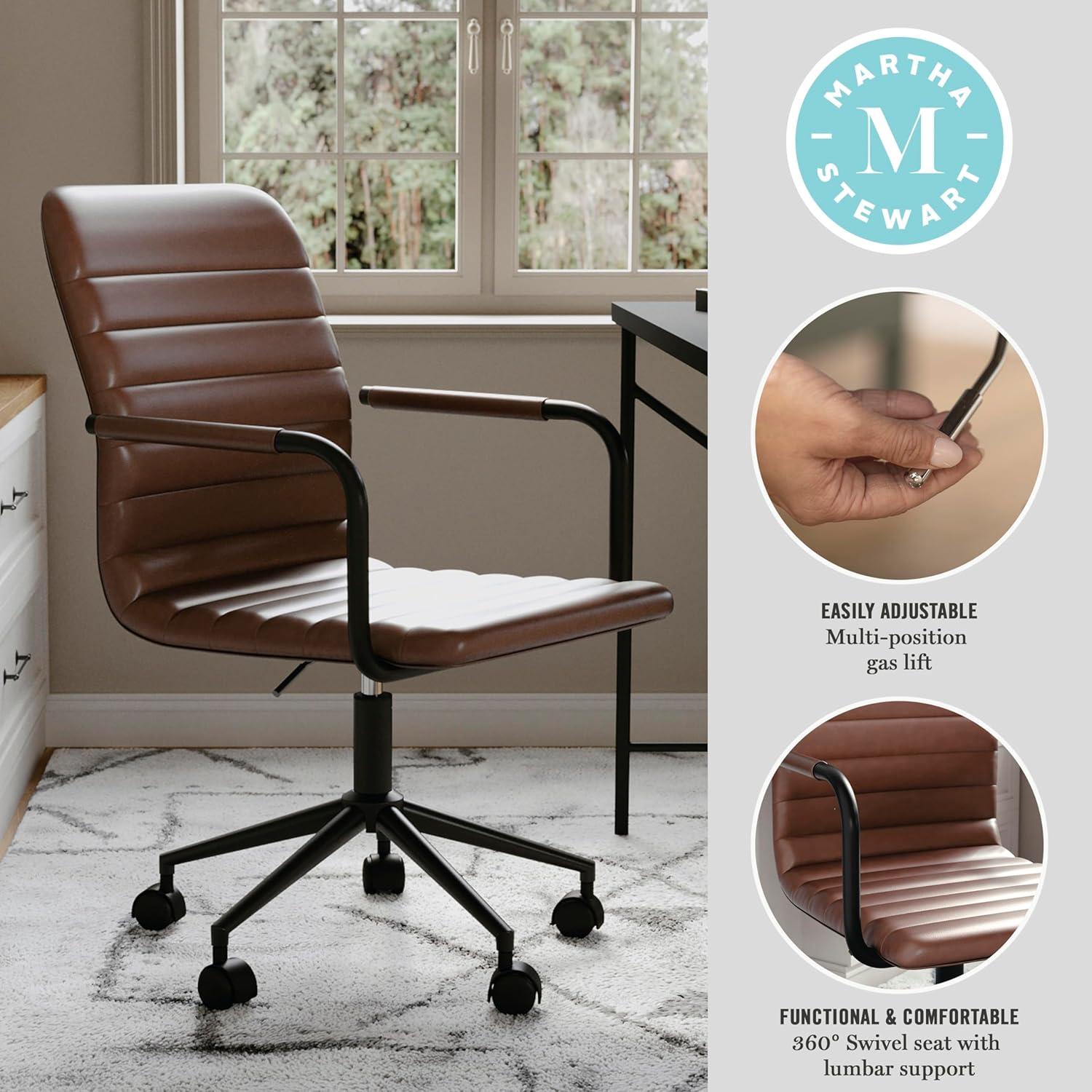 imageMartha Stewart Taytum Swivel Task Chair with Armrests for Home Office in Saddle Brown Faux Leather with Polished Nickel FrameSaddle Brown Faux LeatherOil Rubbed Bronze