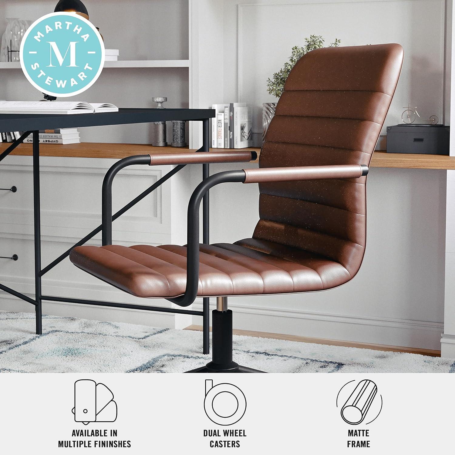 imageMartha Stewart Taytum Swivel Task Chair with Armrests for Home Office in Saddle Brown Faux Leather with Polished Nickel FrameSaddle Brown Faux LeatherOil Rubbed Bronze