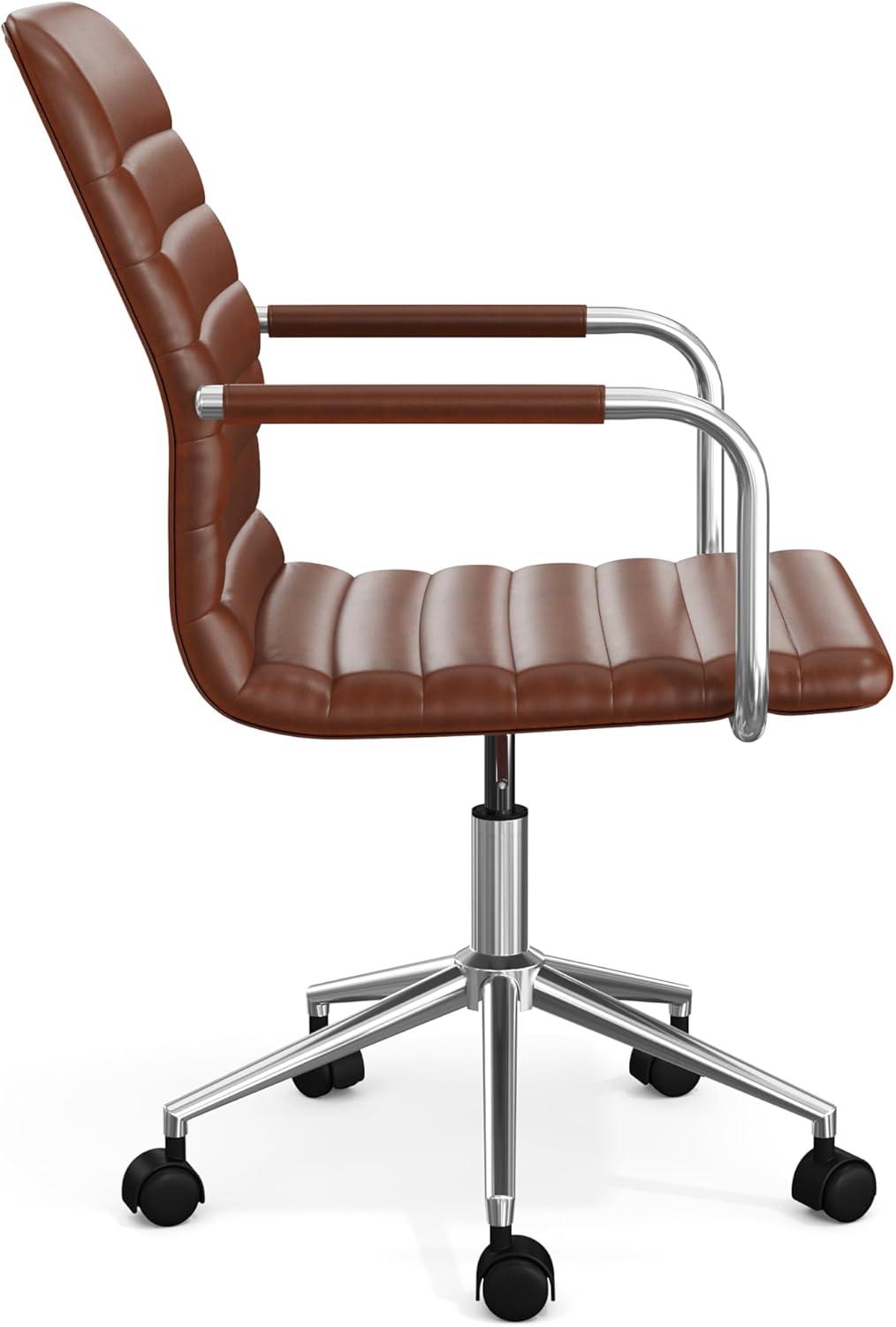 imageMartha Stewart Taytum Swivel Task Chair with Armrests for Home Office in Saddle Brown Faux Leather with Polished Nickel FrameSaddle Brown Faux LeatherPolished Nickel Frame