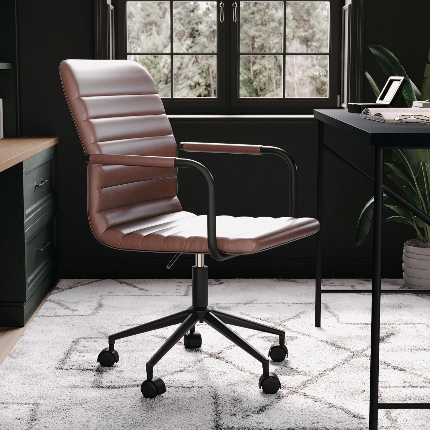 imageMartha Stewart Taytum Swivel Task Chair with Armrests for Home Office in Saddle Brown Faux Leather with Polished Nickel FrameSaddle Brown Faux LeatherOil Rubbed Bronze