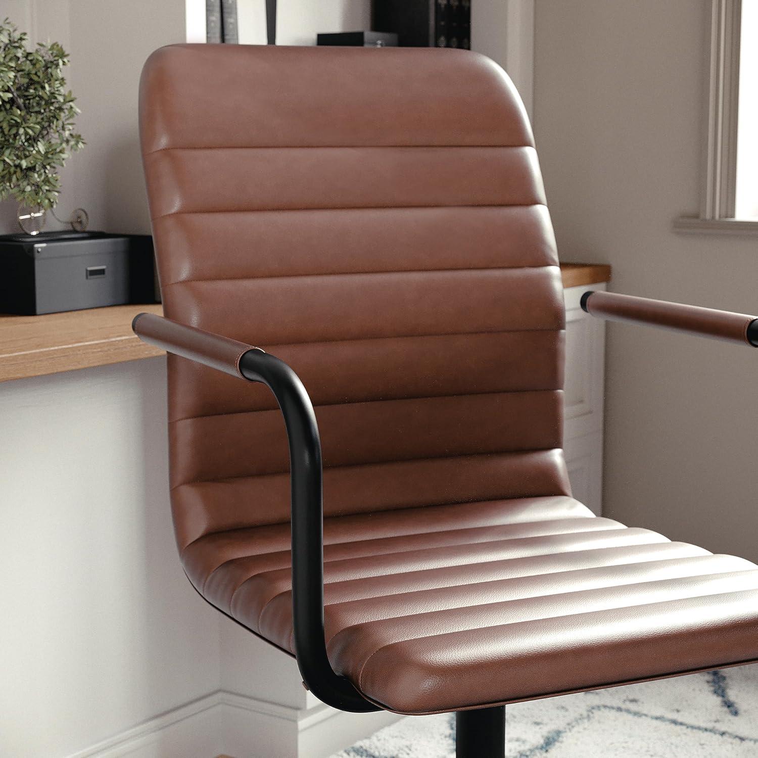 imageMartha Stewart Taytum Swivel Task Chair with Armrests for Home Office in Saddle Brown Faux Leather with Polished Nickel FrameSaddle Brown Faux LeatherOil Rubbed Bronze