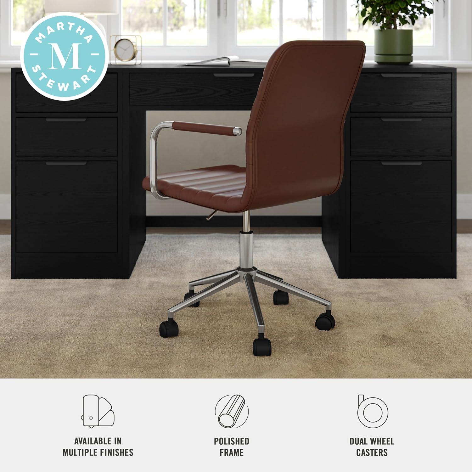 imageMartha Stewart Taytum Swivel Task Chair with Armrests for Home Office in Saddle Brown Faux Leather with Polished Nickel FrameSaddle Brown Faux LeatherPolished Nickel Frame