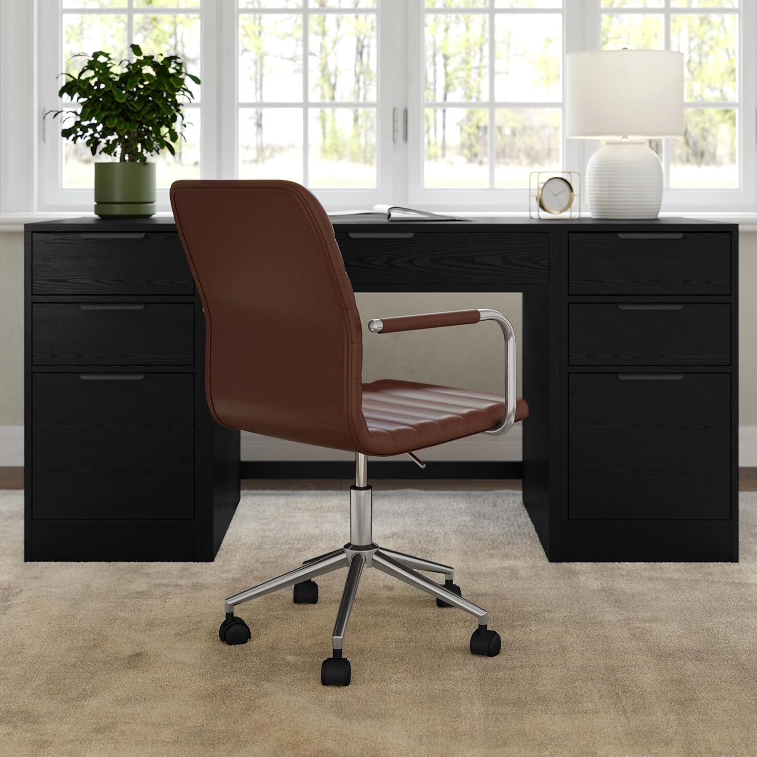 imageMartha Stewart Taytum Swivel Task Chair with Armrests for Home Office in Saddle Brown Faux Leather with Polished Nickel FrameSaddle Brown Faux LeatherPolished Nickel Frame