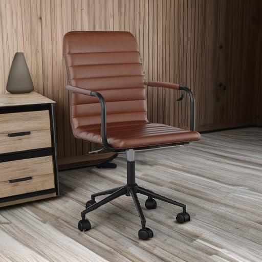 imageMartha Stewart Taytum Swivel Task Chair with Armrests for Home Office in Saddle Brown Faux Leather with Polished Nickel FrameSaddle Brown Faux LeatherOil Rubbed Bronze