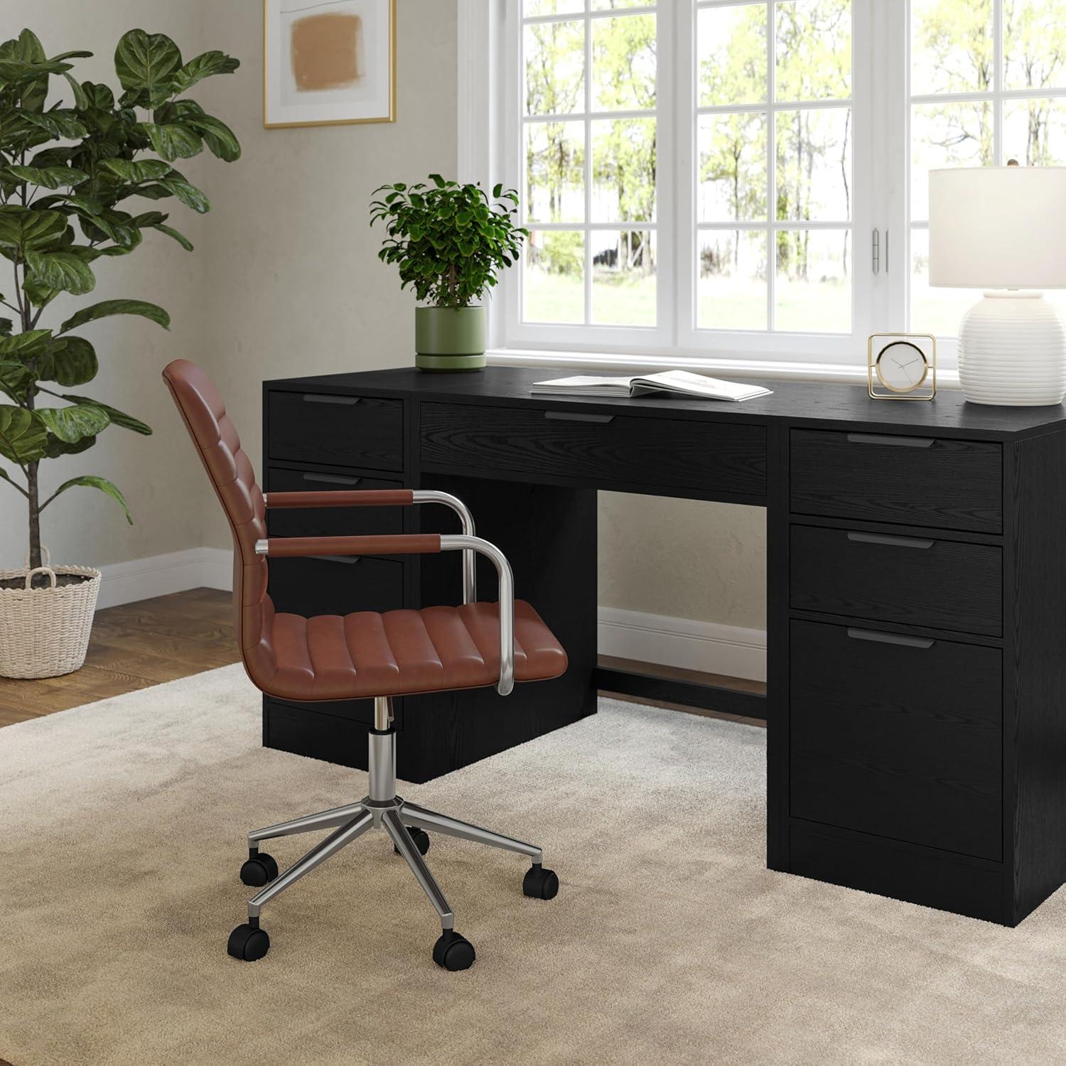 imageMartha Stewart Taytum Swivel Task Chair with Armrests for Home Office in Saddle Brown Faux Leather with Polished Nickel FrameSaddle Brown Faux LeatherPolished Nickel Frame