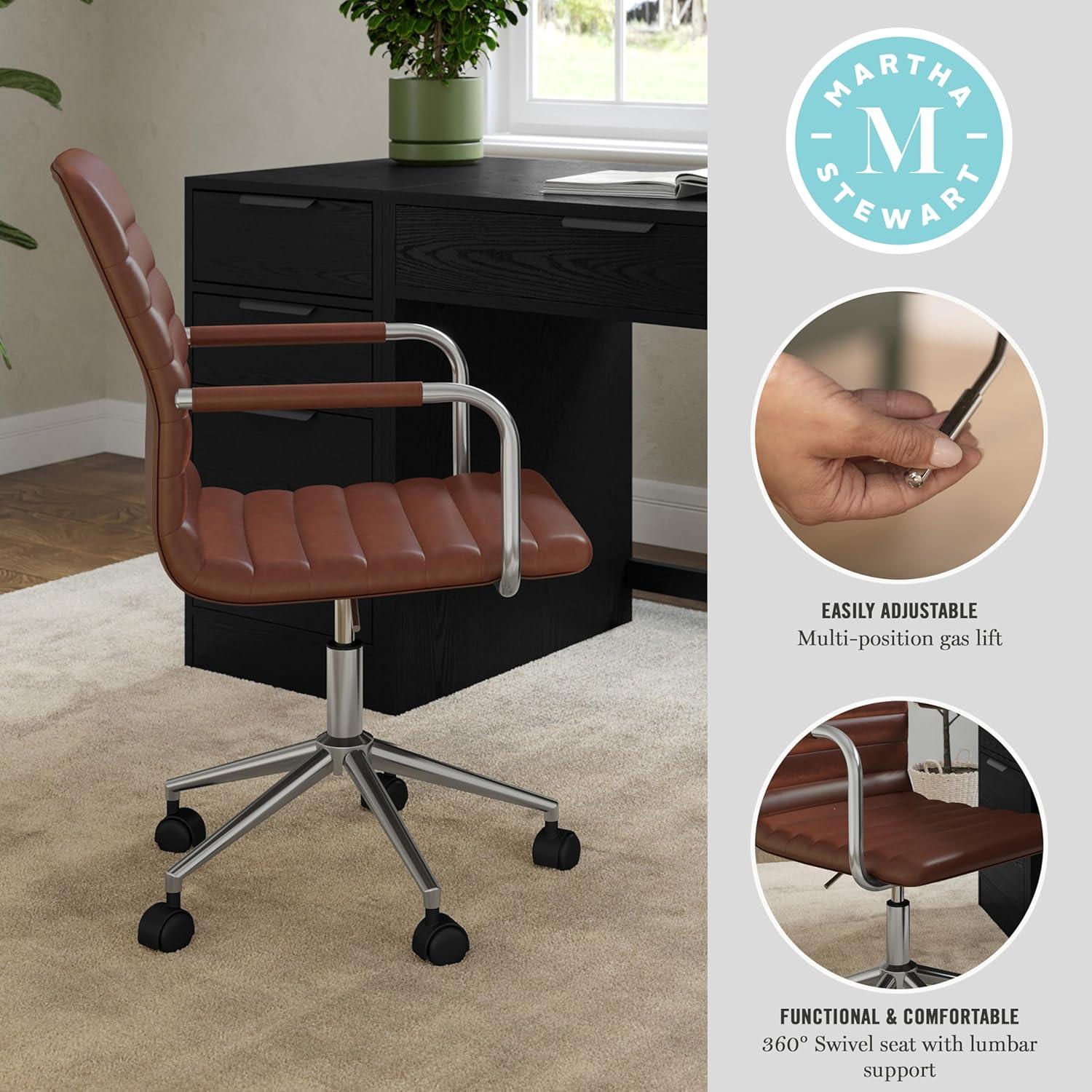 imageMartha Stewart Taytum Swivel Task Chair with Armrests for Home Office in Saddle Brown Faux Leather with Polished Nickel FrameSaddle Brown Faux LeatherPolished Nickel Frame