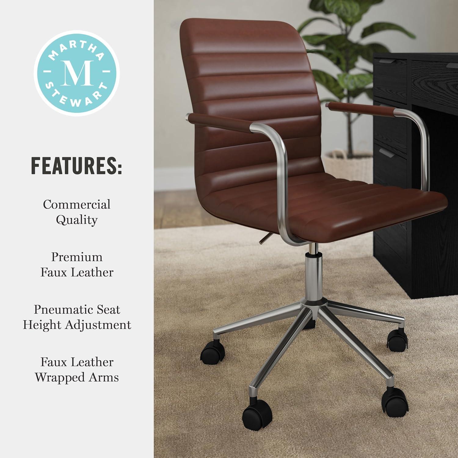 imageMartha Stewart Taytum Swivel Task Chair with Armrests for Home Office in Saddle Brown Faux Leather with Polished Nickel FrameSaddle Brown Faux LeatherPolished Nickel Frame