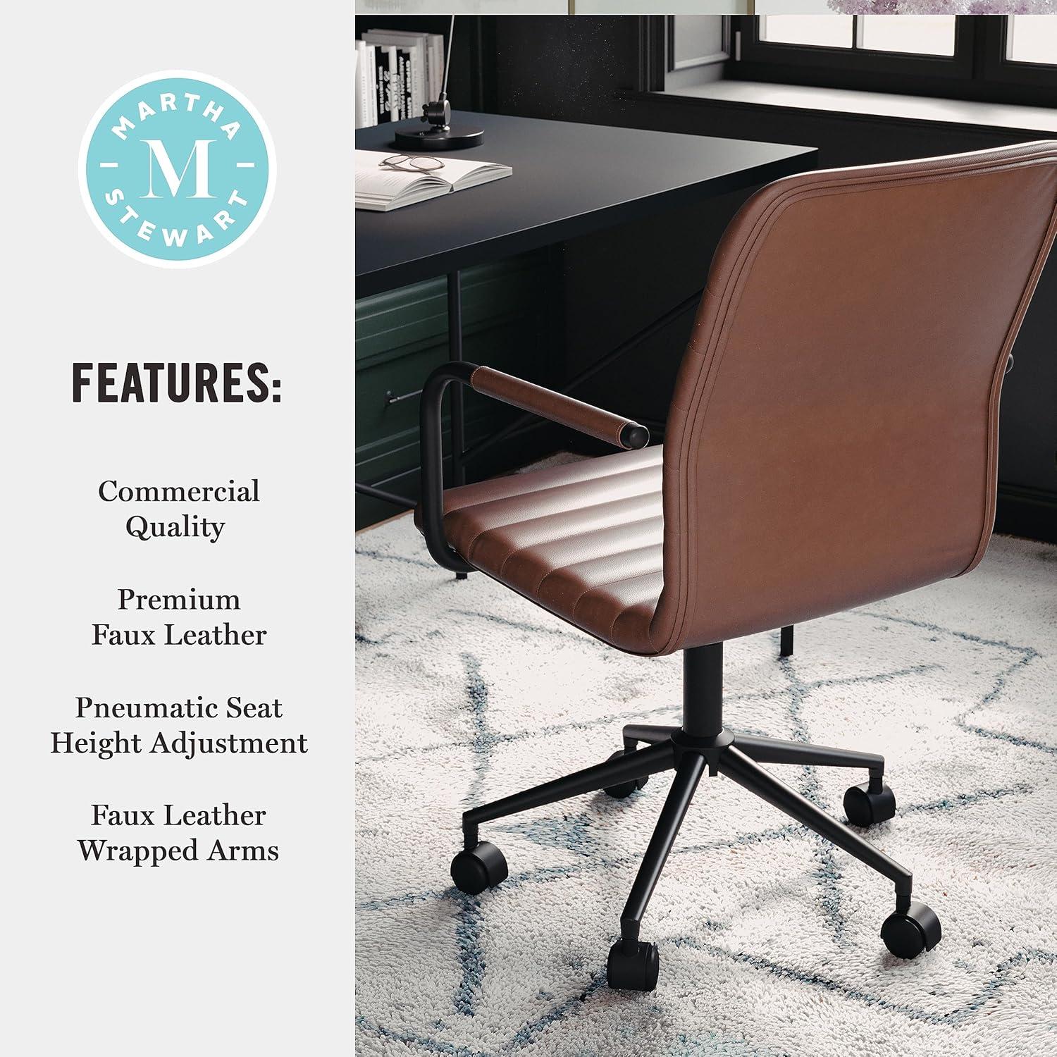 imageMartha Stewart Taytum Swivel Task Chair with Armrests for Home Office in Saddle Brown Faux Leather with Polished Nickel FrameSaddle Brown Faux LeatherOil Rubbed Bronze