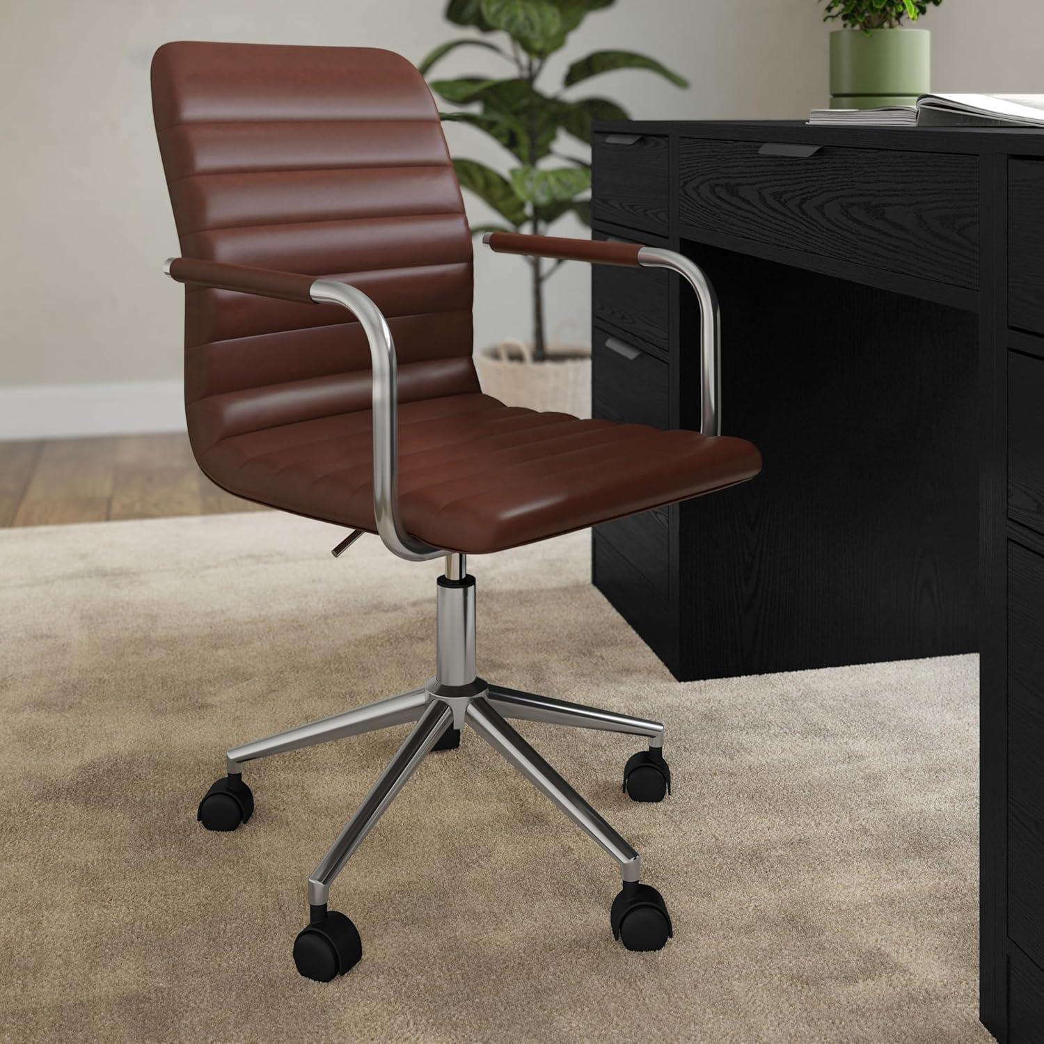 imageMartha Stewart Taytum Swivel Task Chair with Armrests for Home Office in Saddle Brown Faux Leather with Polished Nickel FrameSaddle Brown Faux LeatherPolished Nickel Frame