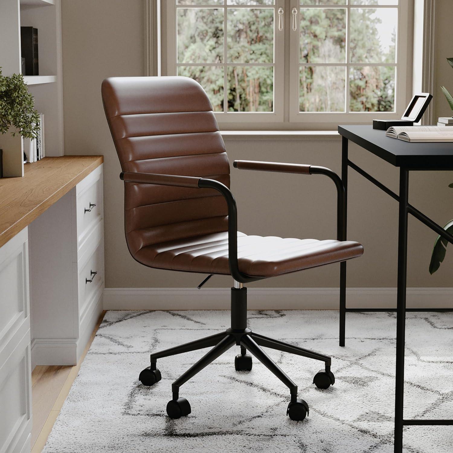 imageMartha Stewart Taytum Swivel Task Chair with Armrests for Home Office in Saddle Brown Faux Leather with Polished Nickel FrameSaddle Brown Faux LeatherOil Rubbed Bronze