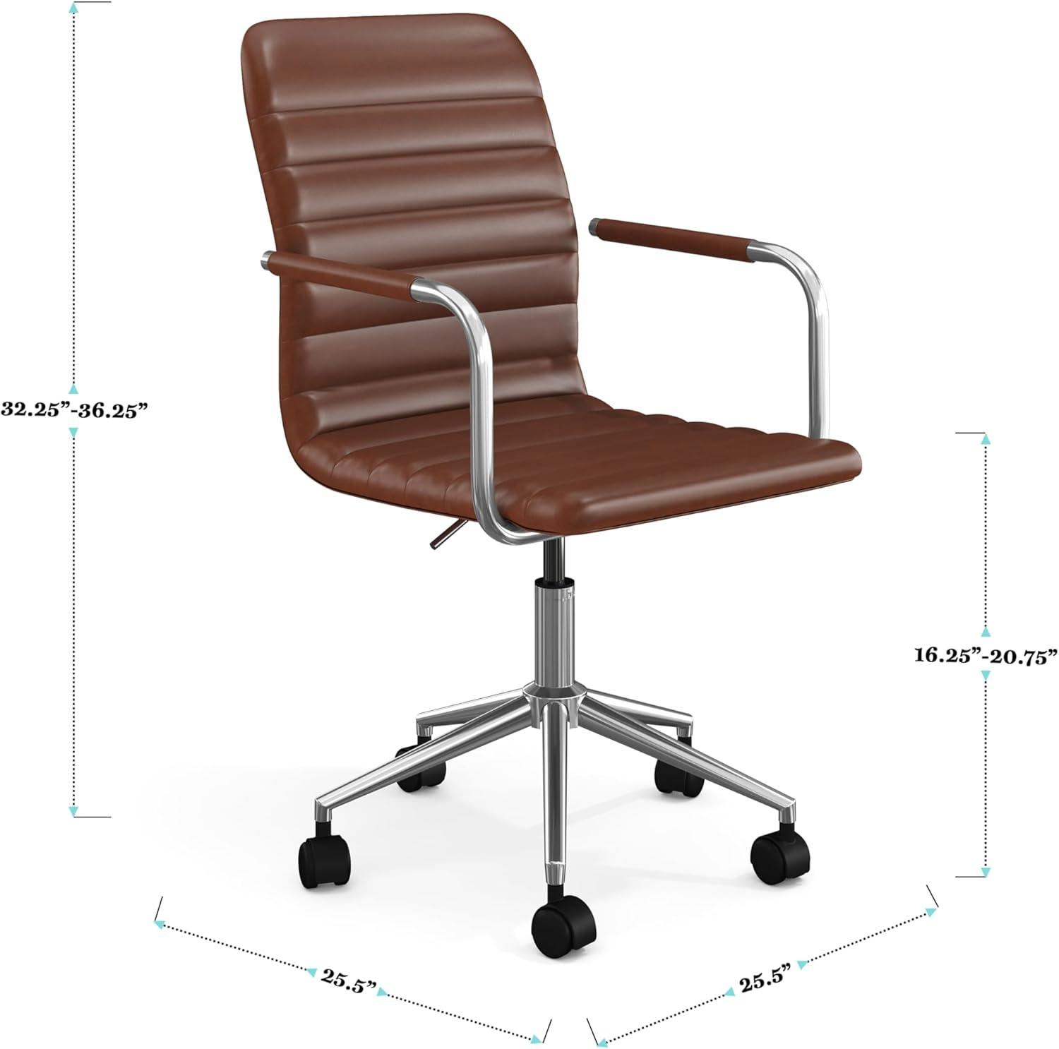 imageMartha Stewart Taytum Swivel Task Chair with Armrests for Home Office in Saddle Brown Faux Leather with Polished Nickel FrameSaddle Brown Faux LeatherPolished Nickel Frame