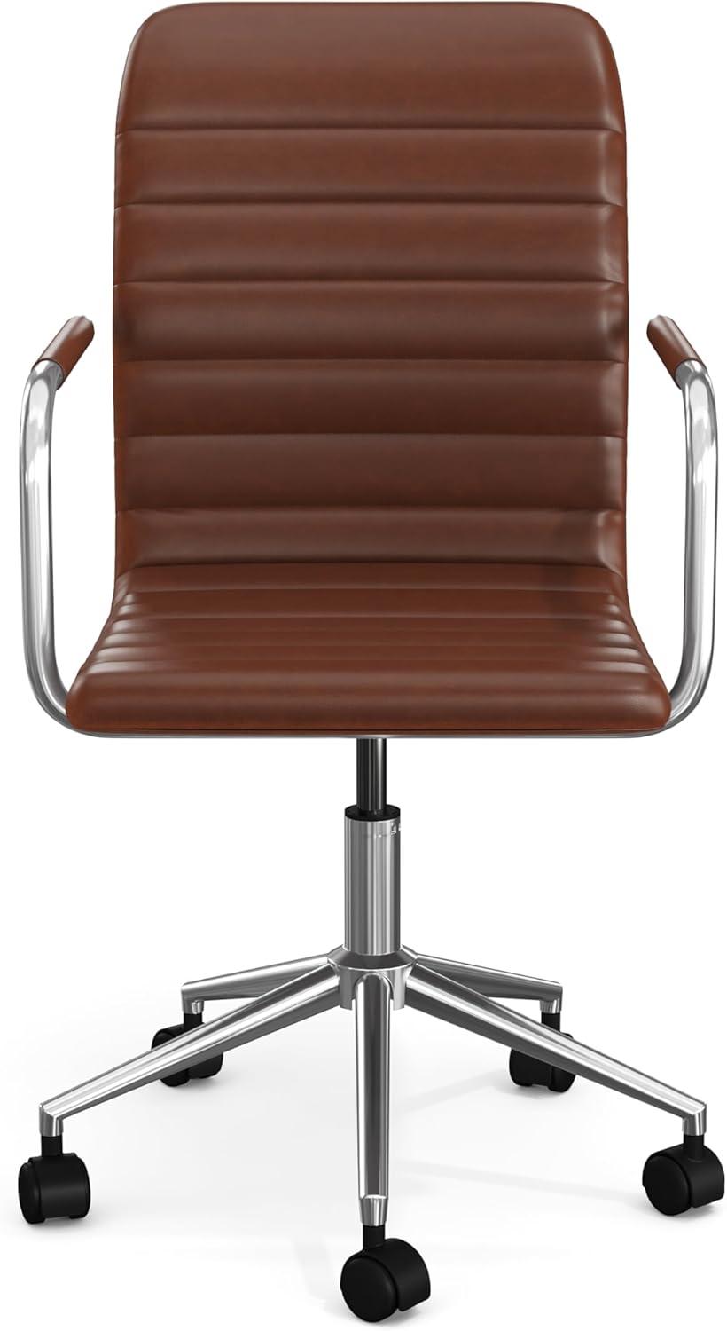 imageMartha Stewart Taytum Swivel Task Chair with Armrests for Home Office in Saddle Brown Faux Leather with Polished Nickel FrameSaddle Brown Faux LeatherPolished Nickel Frame