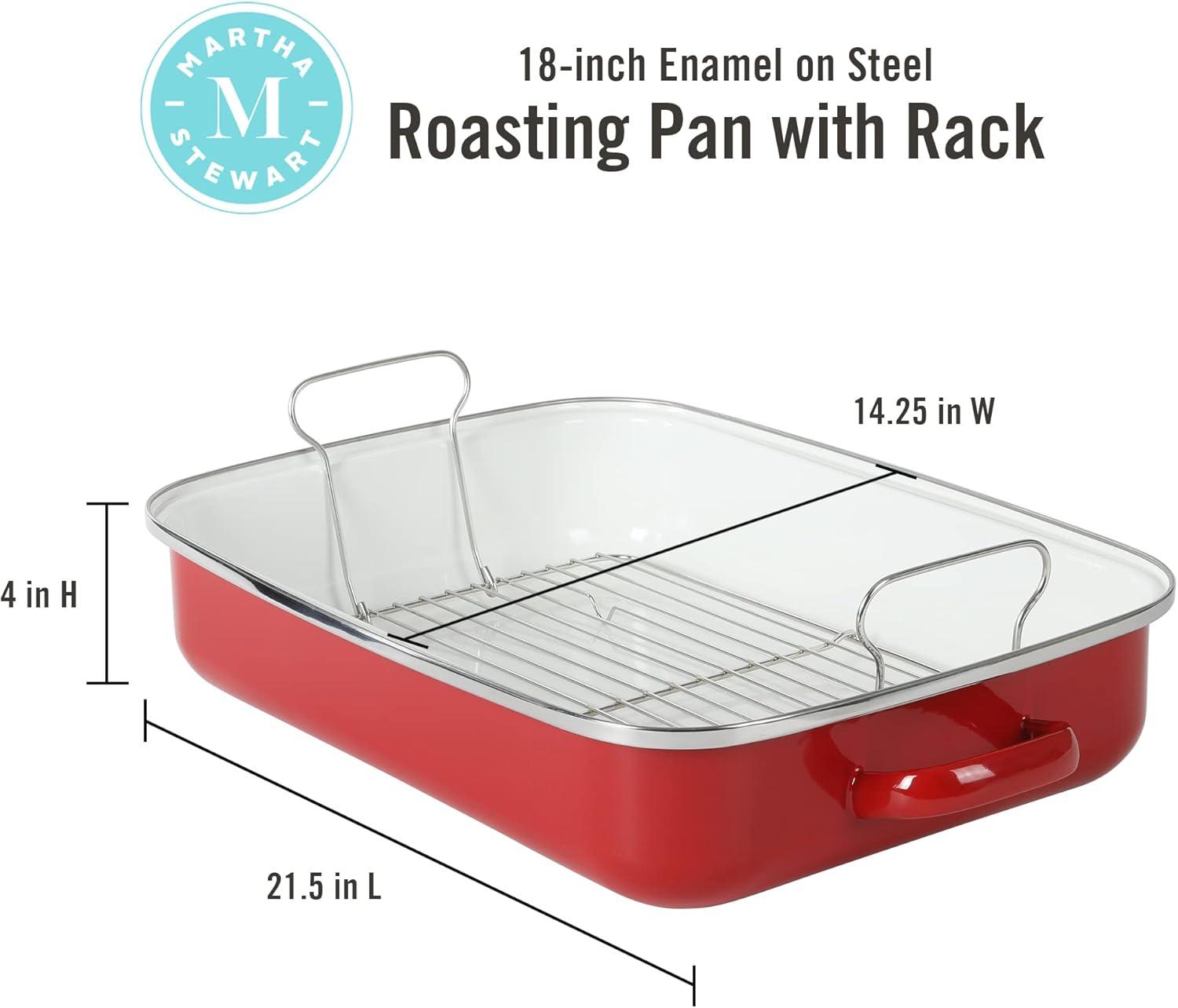 imageMartha Stewart Thayer 18 Enamel on Steel Roaster Pan wStainless Steel Rack Red
