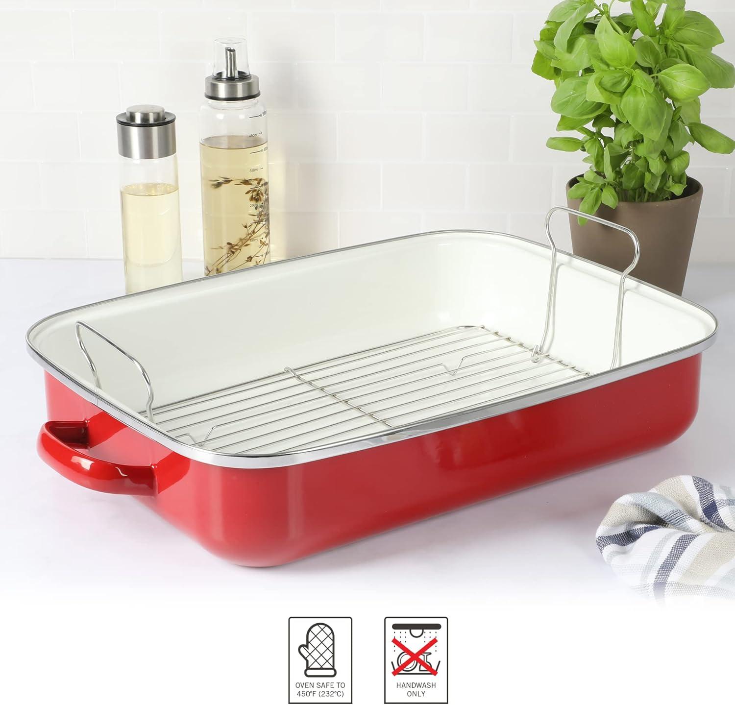 imageMartha Stewart Thayer 18 Enamel on Steel Roaster Pan wStainless Steel Rack Red
