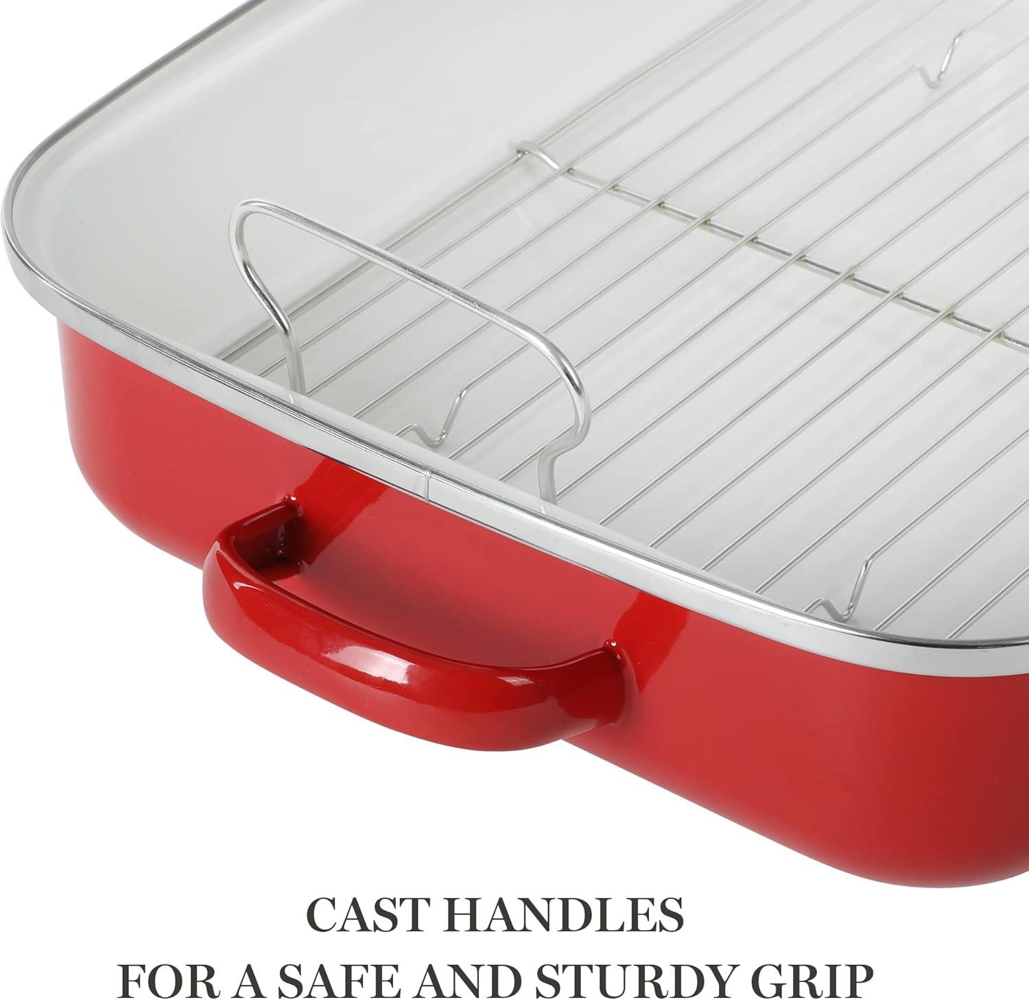 imageMartha Stewart Thayer 18 Enamel on Steel Roaster Pan wStainless Steel Rack Red