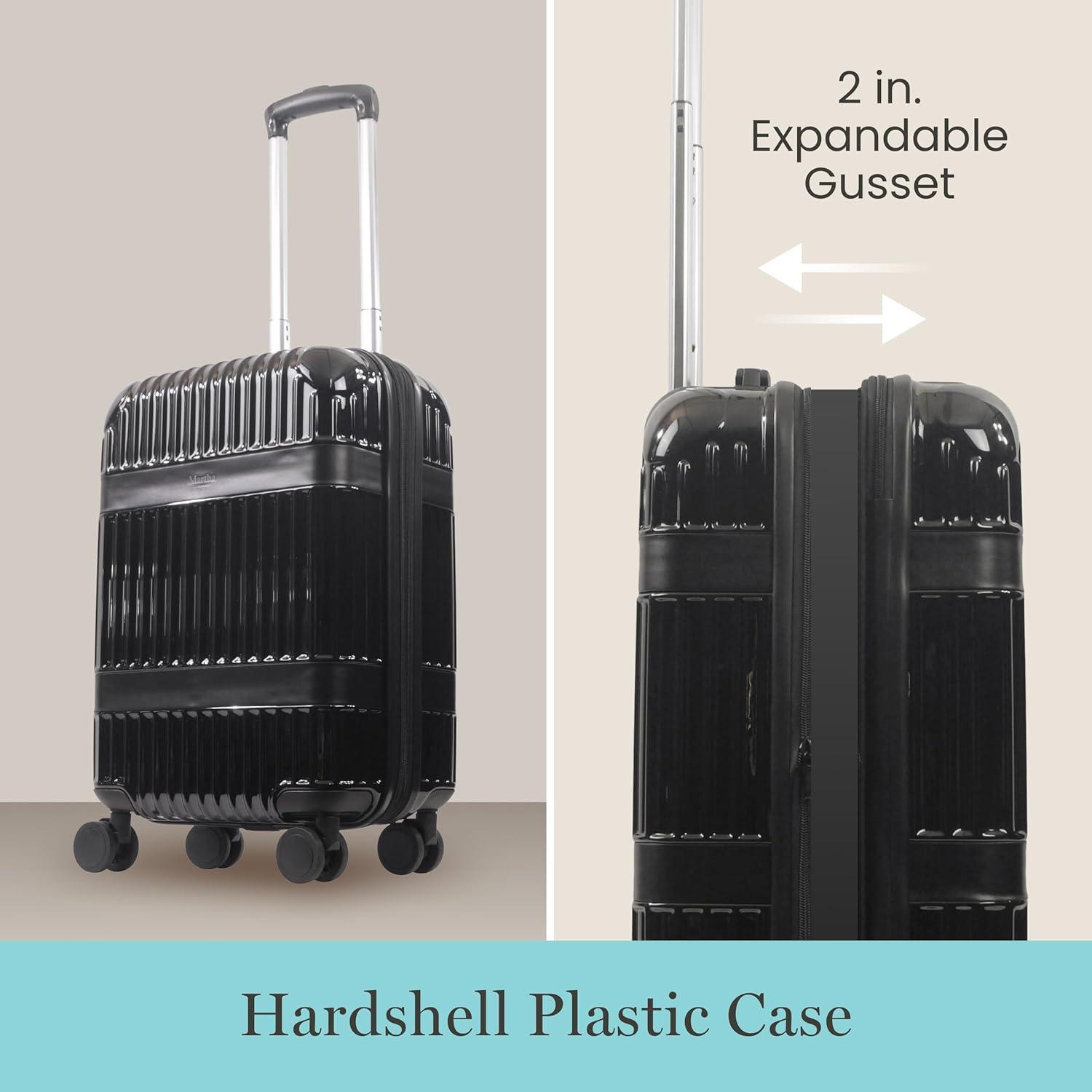 imageMartha Stewart The Bedford 22 Inch Carry On Luggage Hardshell Rolling Suitcase with Spinner Wheels BlackBlack