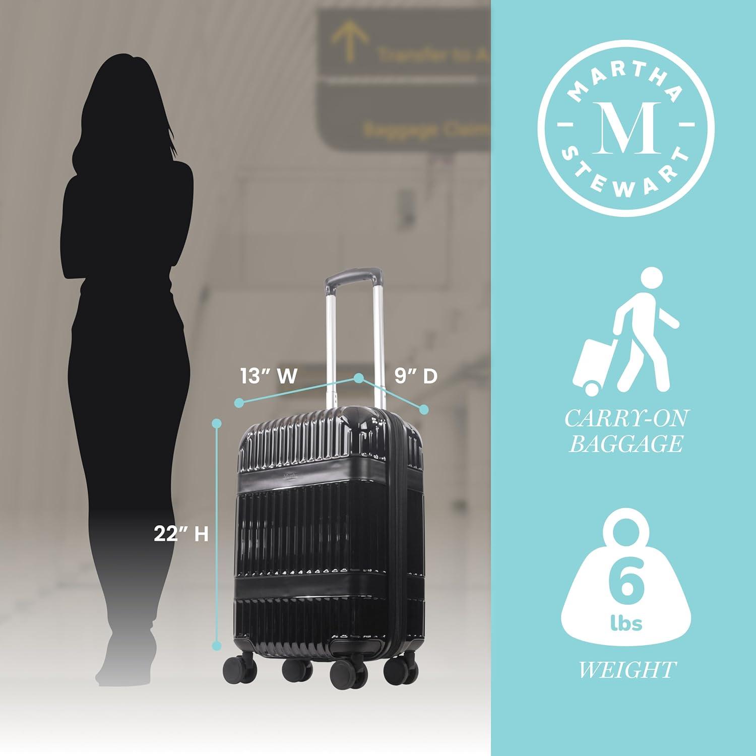 imageMartha Stewart The Bedford 22 Inch Carry On Luggage Hardshell Rolling Suitcase with Spinner Wheels BlackBlack