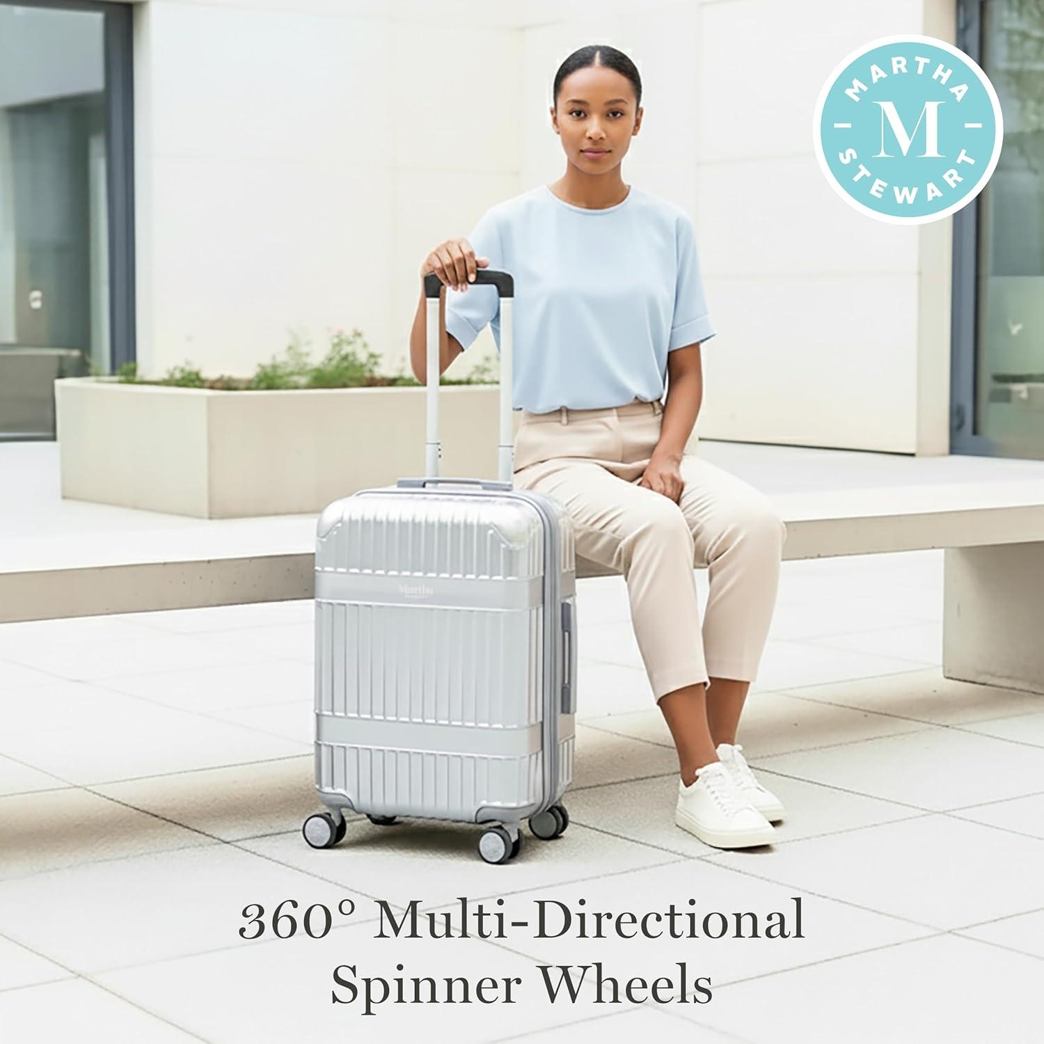 imageMartha Stewart The Bedford 22 Inch Carry On Luggage Hardshell Rolling Suitcase with Spinner Wheels BlackSilver