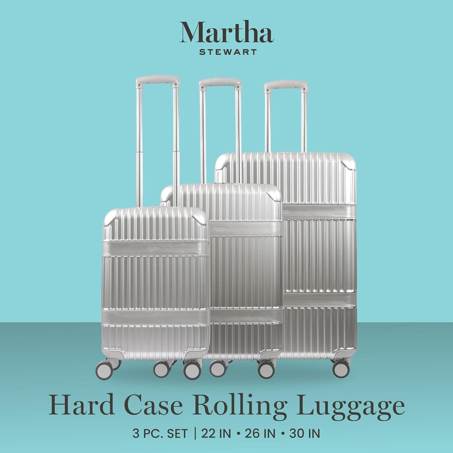 imageMartha Stewart The Bedford 22 Inch Carry On Luggage Hardshell Rolling Suitcase with Spinner Wheels BlackSilver