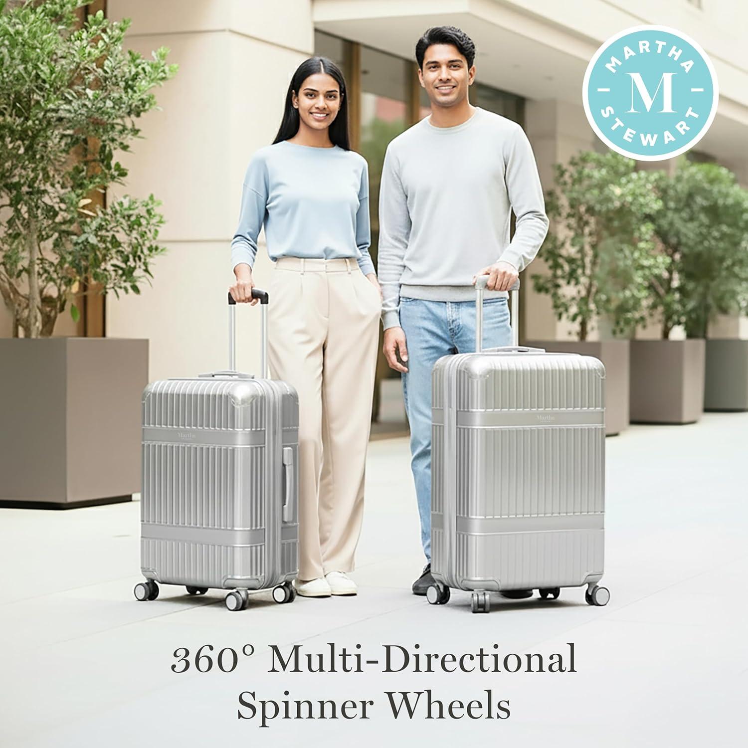 imageMartha Stewart The Bedford 22 Inch Carry On Luggage Hardshell Rolling Suitcase with Spinner Wheels BlackSilver
