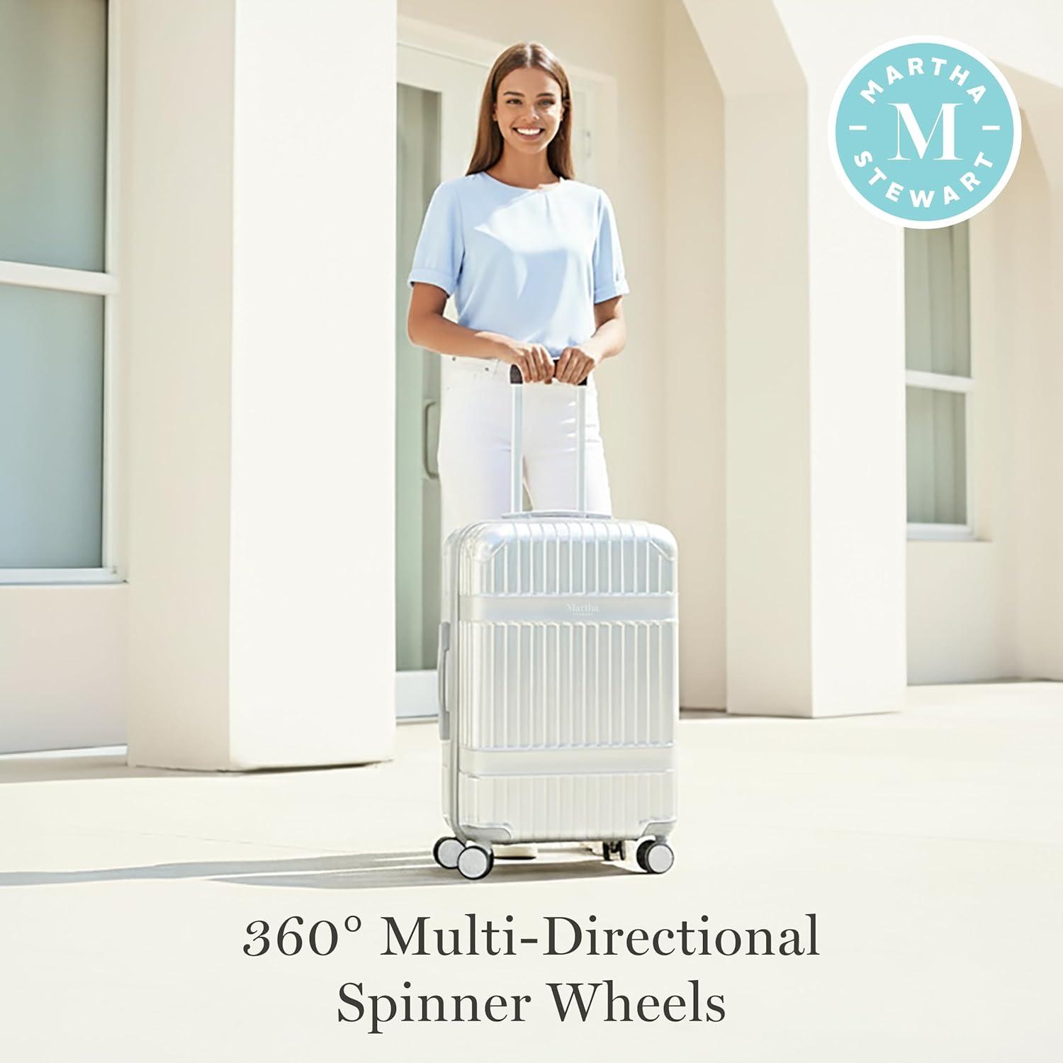 imageMartha Stewart The Bedford 22 Inch Carry On Luggage Hardshell Rolling Suitcase with Spinner Wheels BlackSilver