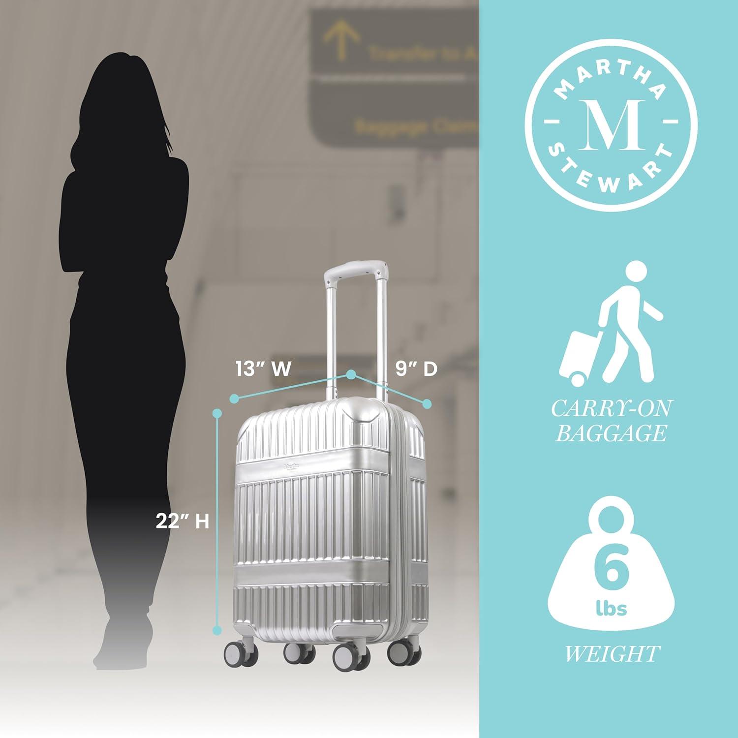 imageMartha Stewart The Bedford 22 Inch Carry On Luggage Hardshell Rolling Suitcase with Spinner Wheels BlackSilver