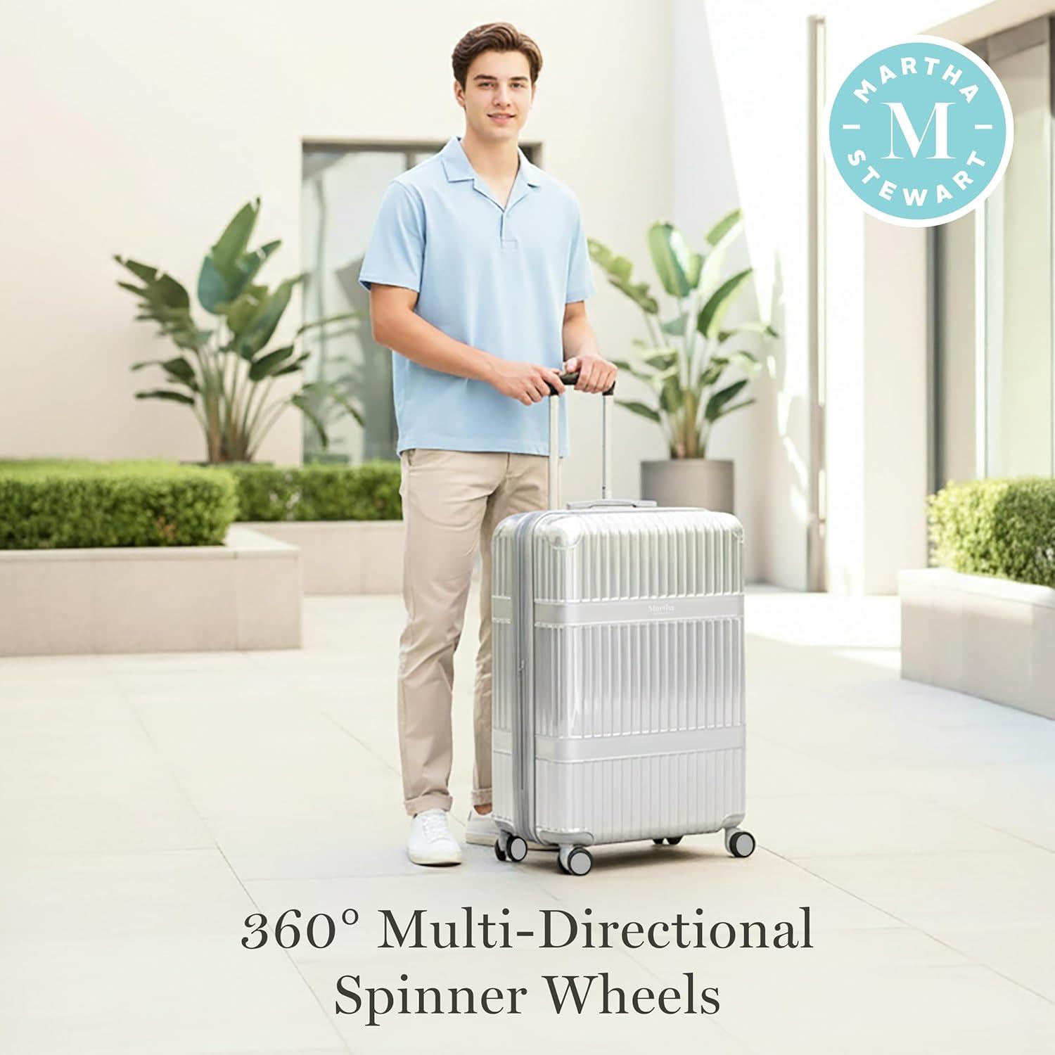imageMartha Stewart The Bedford 22 Inch Carry On Luggage Hardshell Rolling Suitcase with Spinner Wheels BlackSilver