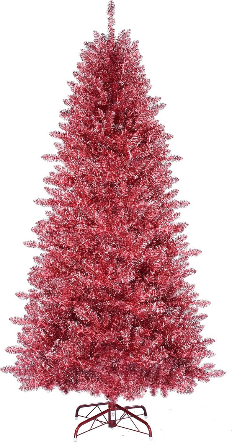 imageMartha Stewart Tinsel PreLit Artificial Christmas Tree Clear Lights Pink LED 7 ft