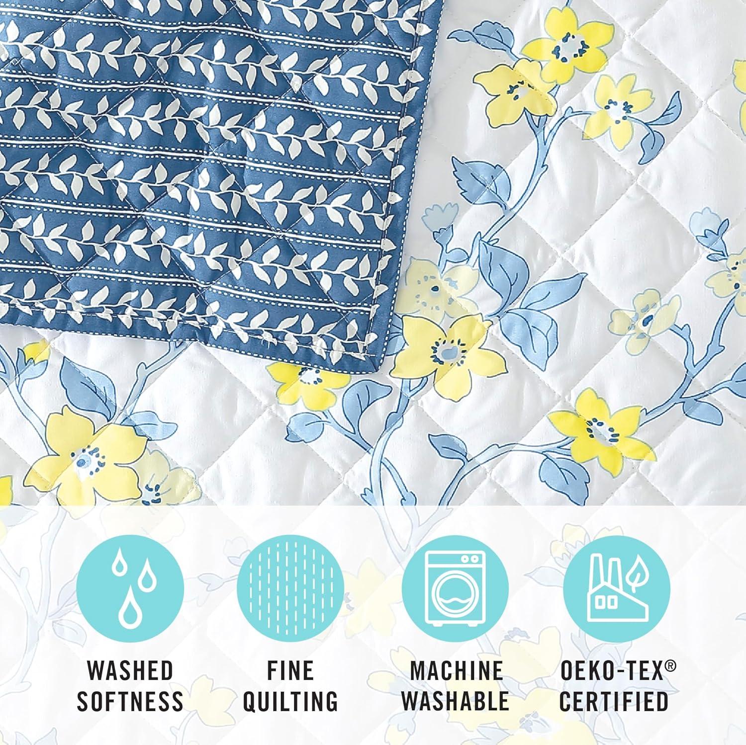 imageMartha Stewart Twin Size Quilt Bedding Set 2 Piece Soft Washed Microfiber Printed Bedspread Reversible All Season 1 Quilt 1 Standard Pillow Sham Blue White amp Red Painted Floral PrintMaribel Floral Vine